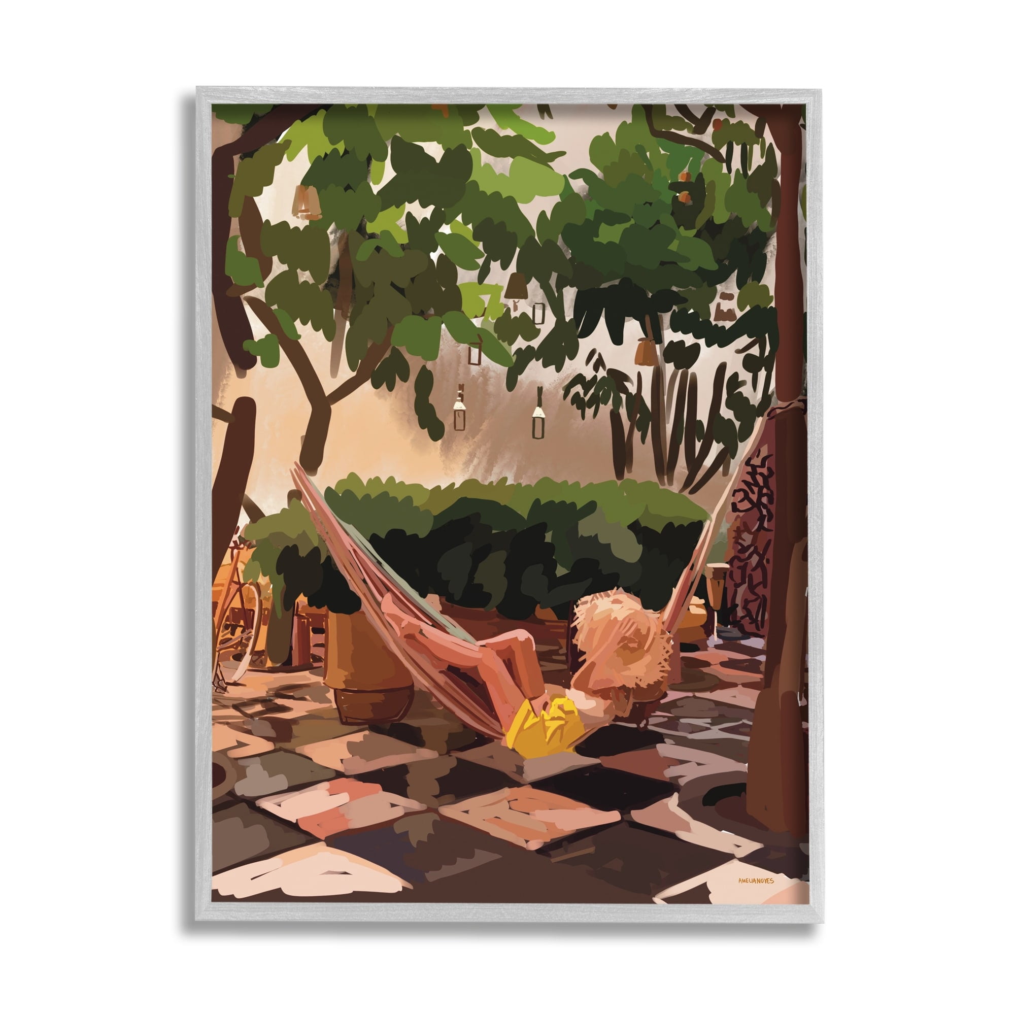 Stupell Industries Woman Lounging Hammock Tropical Summer Vacation Scenery Graphic Art Gray Framed Art Print Wall Art, Design by Amelia Noyes
