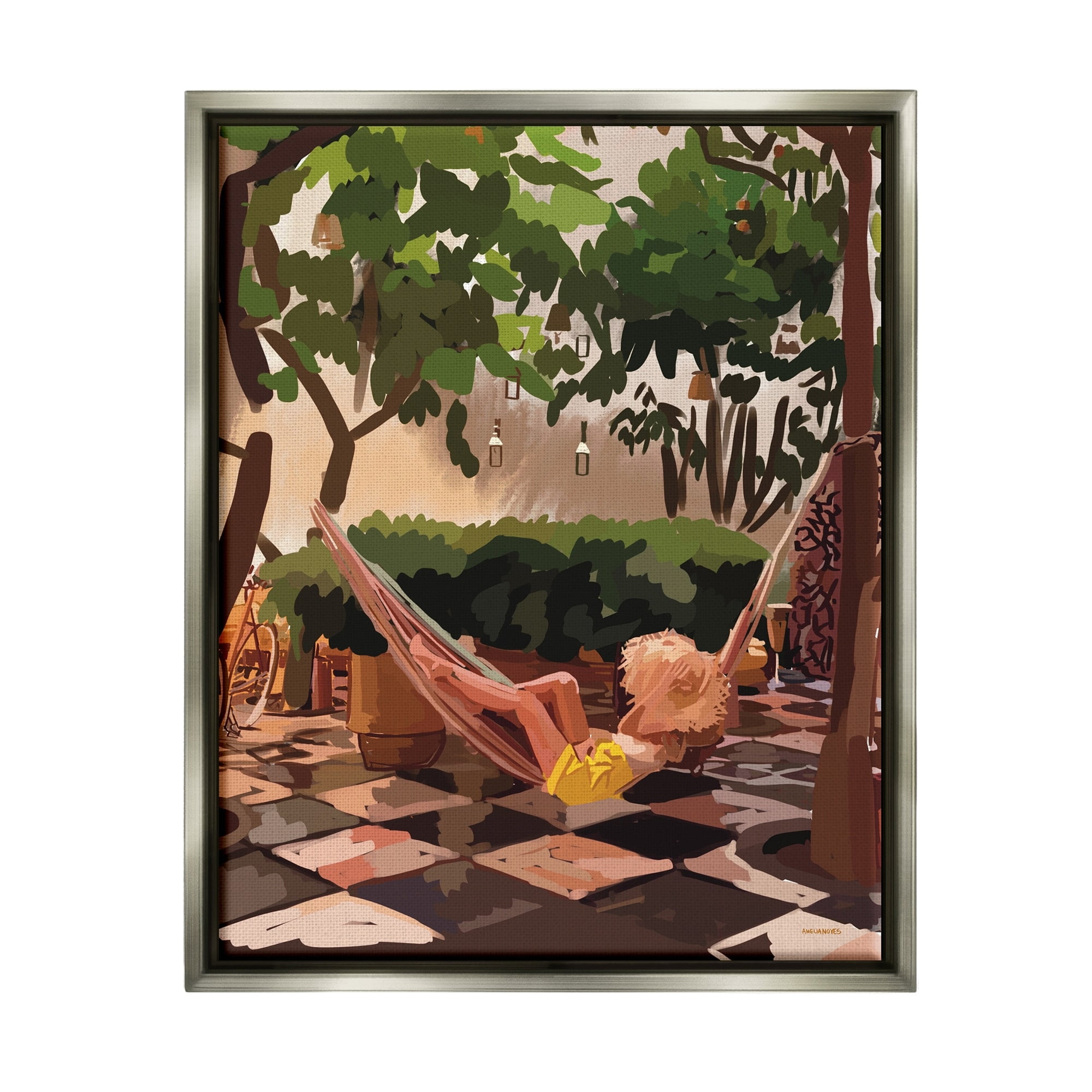 Stupell Industries Woman Lounging Hammock Tropical Summer Vacation Scenery Graphic Art Luster Gray Floating Framed Canvas Print Wall Art, Design by Amelia Noyes