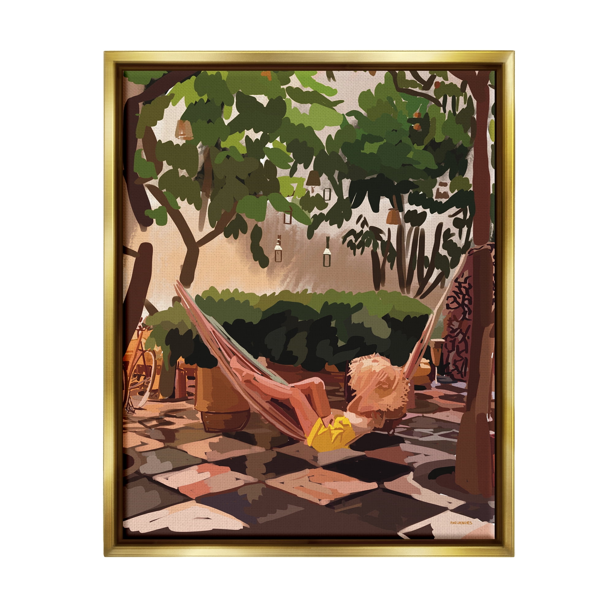 Stupell Industries Woman Lounging Hammock Tropical Summer Vacation Scenery Graphic Art Metallic Gold Floating Framed Canvas Print Wall Art, Design by Amelia Noyes
