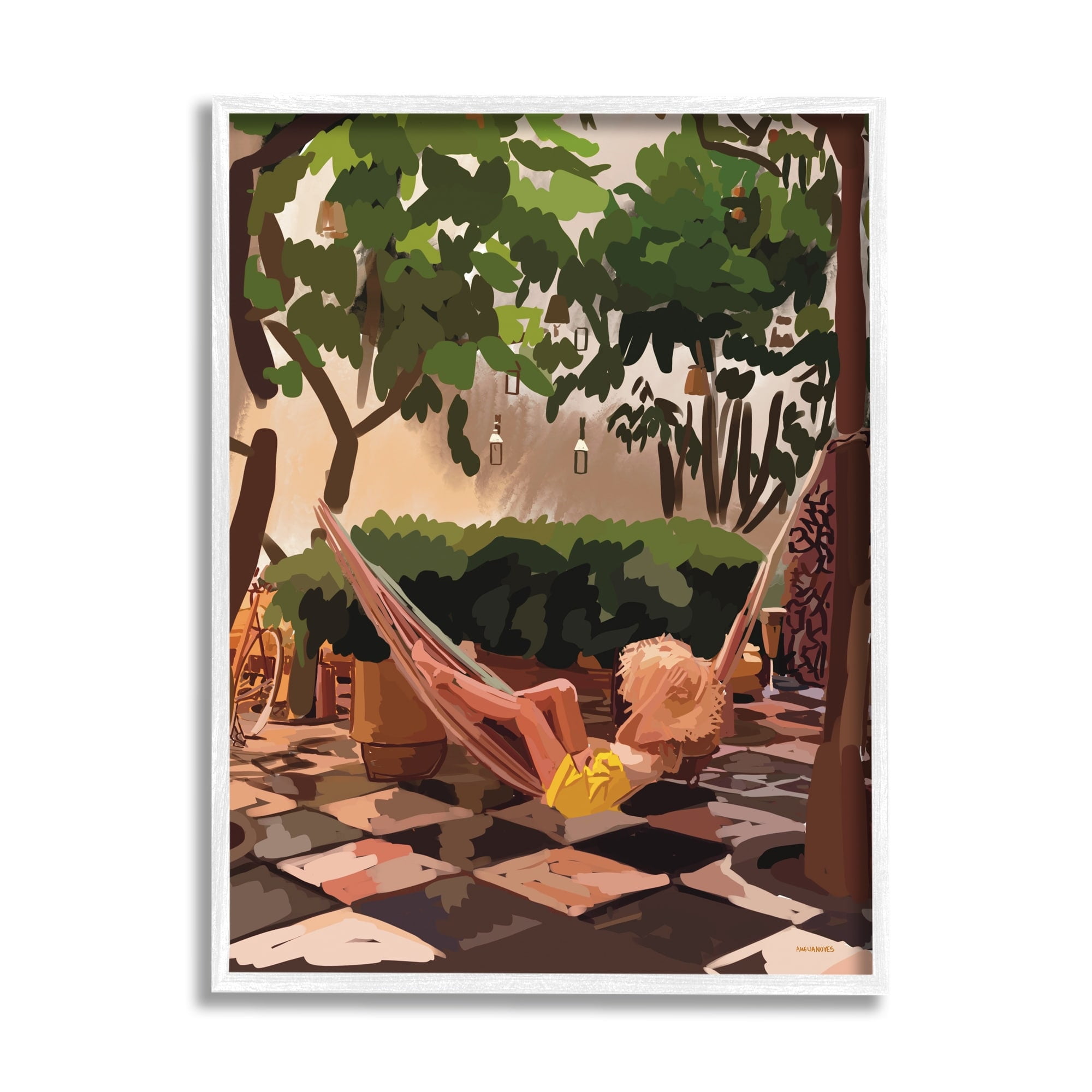 Stupell Industries Woman Lounging Hammock Tropical Summer Vacation Scenery Graphic Art White Framed Art Print Wall Art, Design by Amelia Noyes