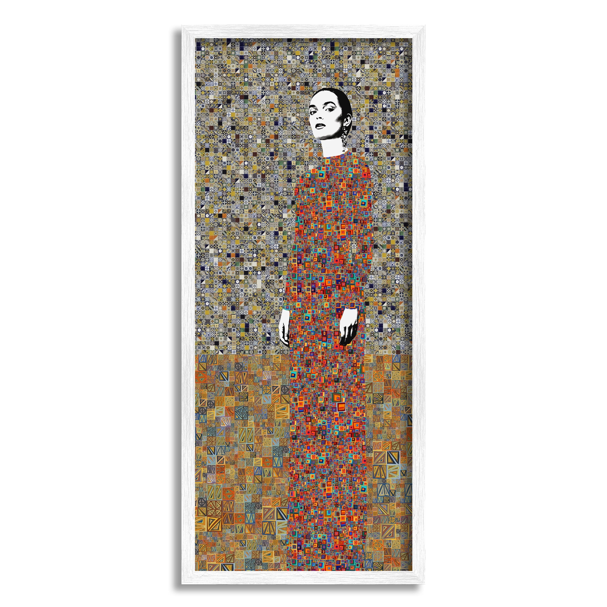 Stupell Industries Woman Nouveau Collage Abstract Painting White Framed Art Print Wall Art, 13 x 30
