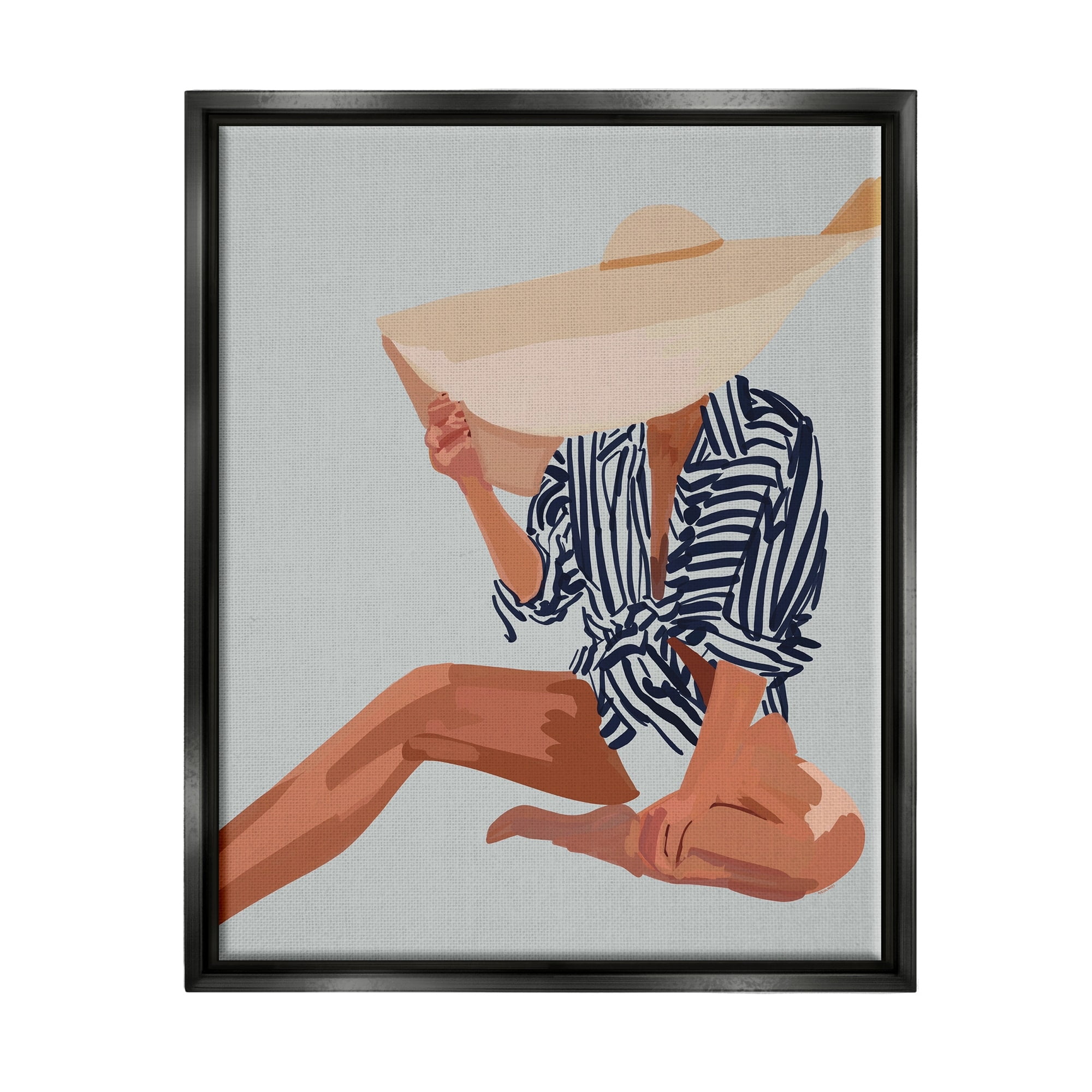 Stupell Industries Woman Obscured By Sun Hat Summer Beach Portrait Graphic Art Jet Black Floating Framed Canvas Print Wall Art, Design by Amelia Noyes