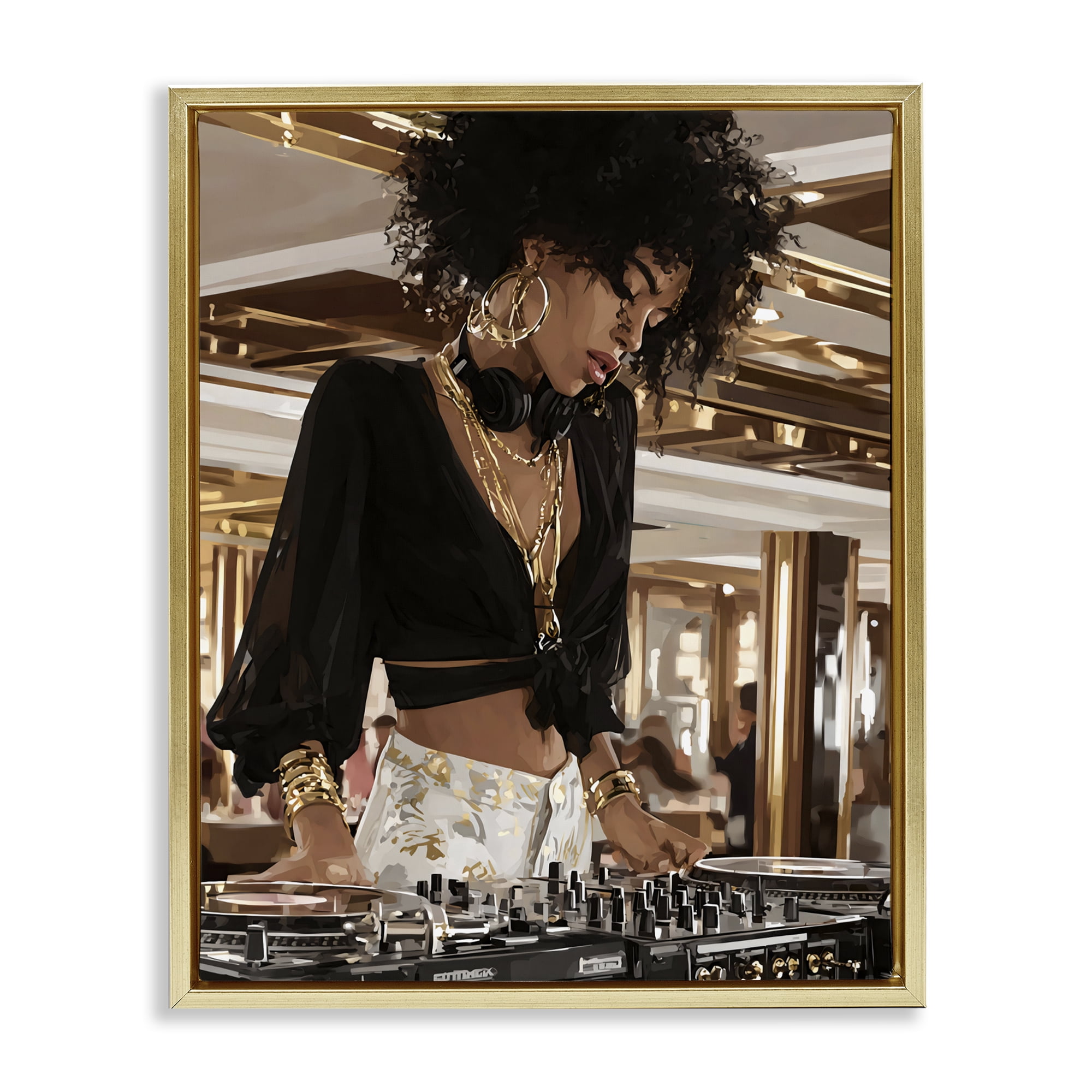 Stupell Industries Woman Of Music Live DJ Gold Framed Floater Canvas Wall Art, design by Franklyn Gregory