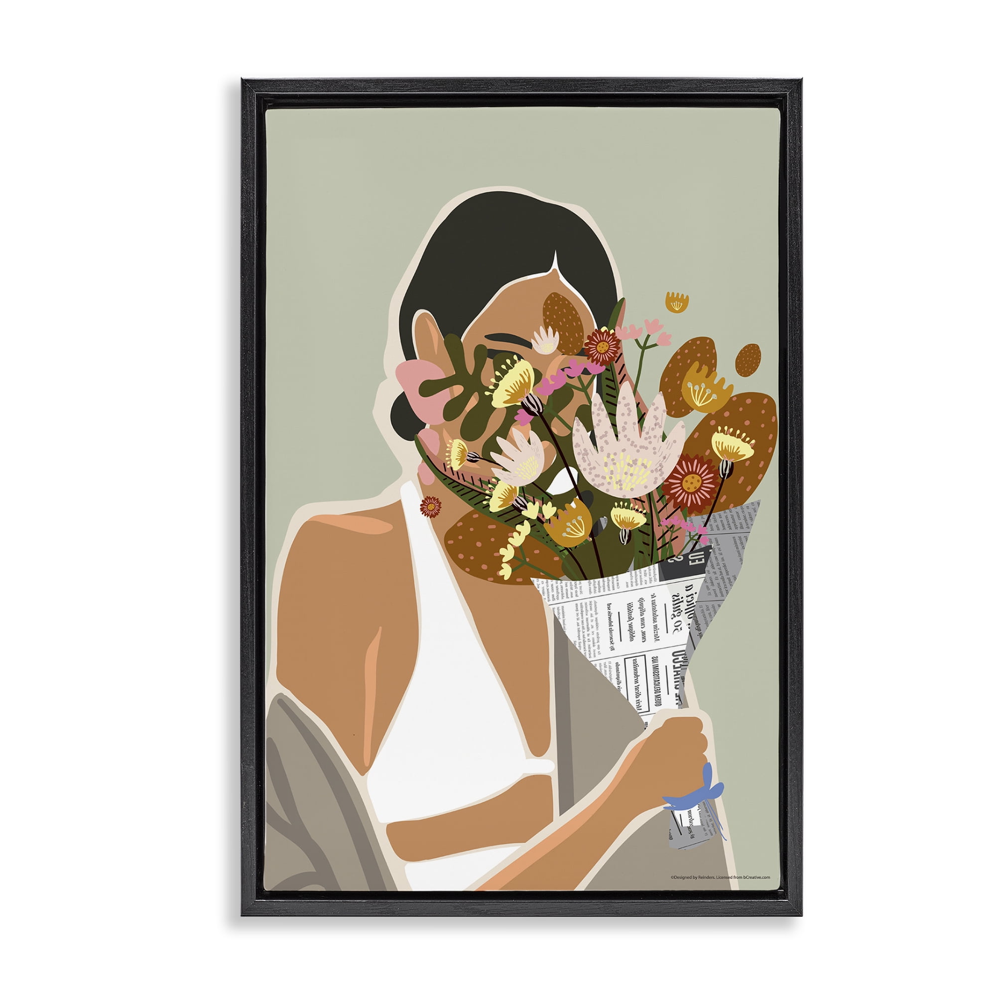 Stupell Industries Woman & Plant Bouquet People Painting Black Floater Framed Canvas Art Print Wall Art, 21 x 31