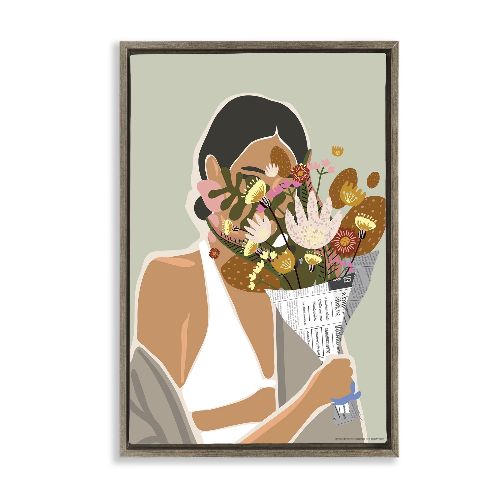 Stupell Industries Woman & Plant Bouquet People Painting Brown Floater Framed Canvas Art Print Wall Art, 17 x 25