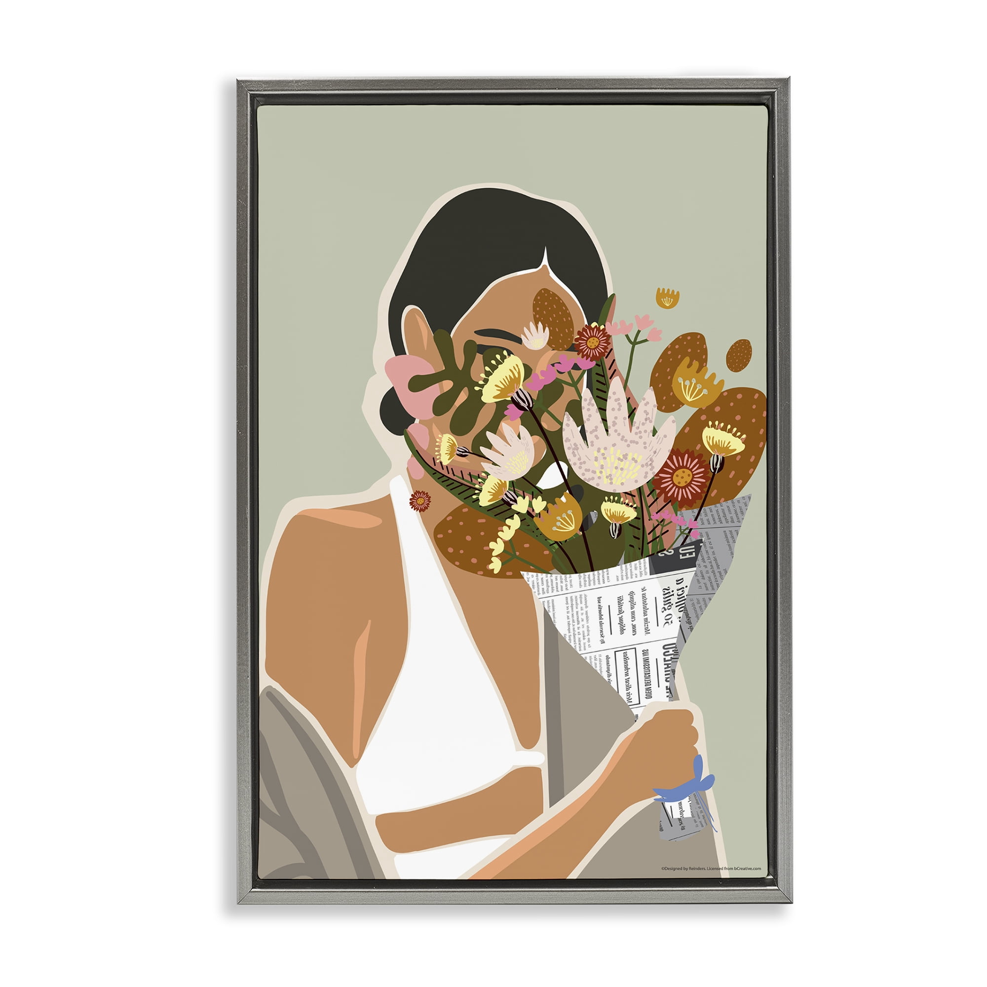 Stupell Industries Woman & Plant Bouquet People Painting Gray Floater Framed Canvas Art Print Wall Art, 21 x 31