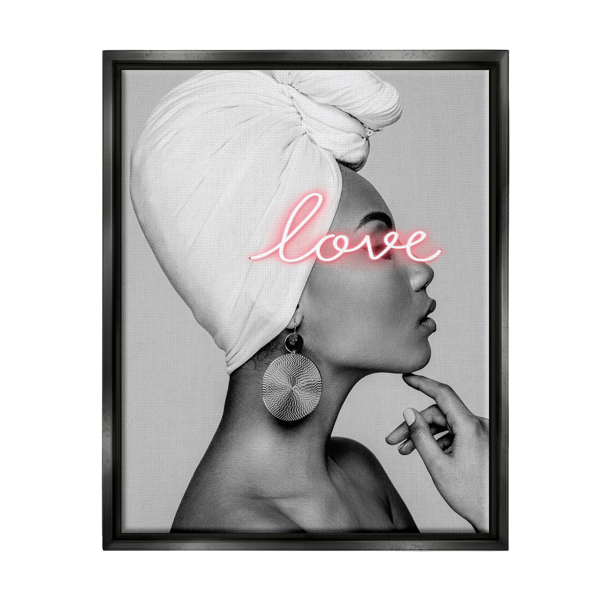 Stupell Industries Woman Portrait Pink Love Phrase Typography Painting Black Floater Framed Art Print Wall Art, 17 x 21