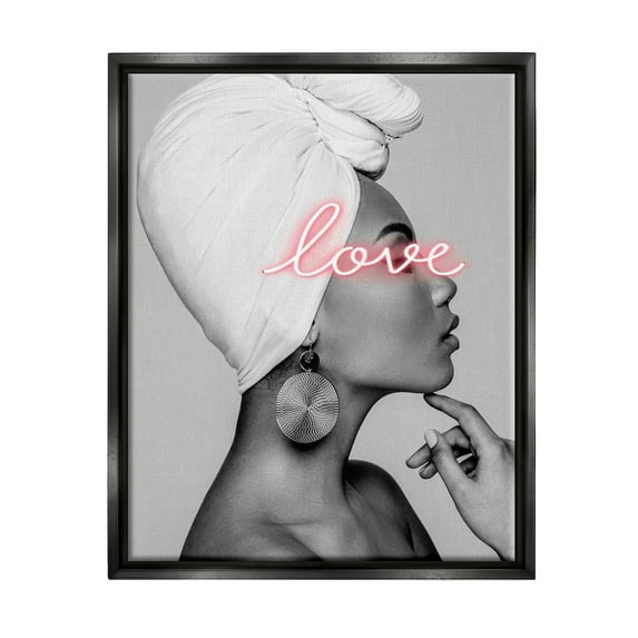 Stupell Industries Woman Portrait Pink Love Phrase Typography Painting Black Floater Framed Art Print Wall Art, 25 x 31