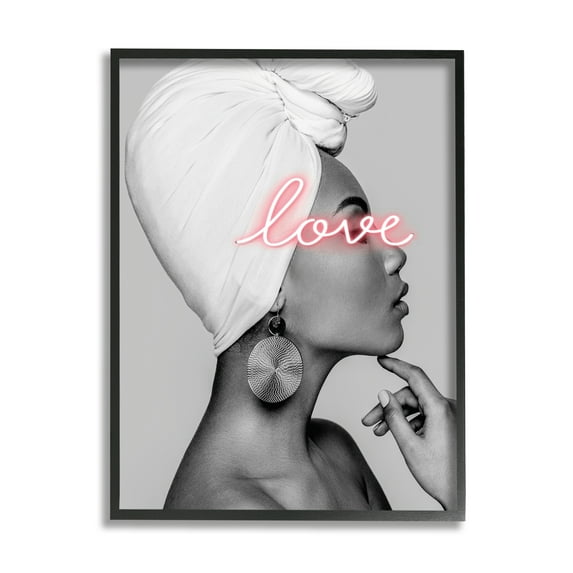 Stupell Industries Woman Portrait Pink Love Phrase Typography Painting Black Framed Art Print Wall Art, 16 x 20