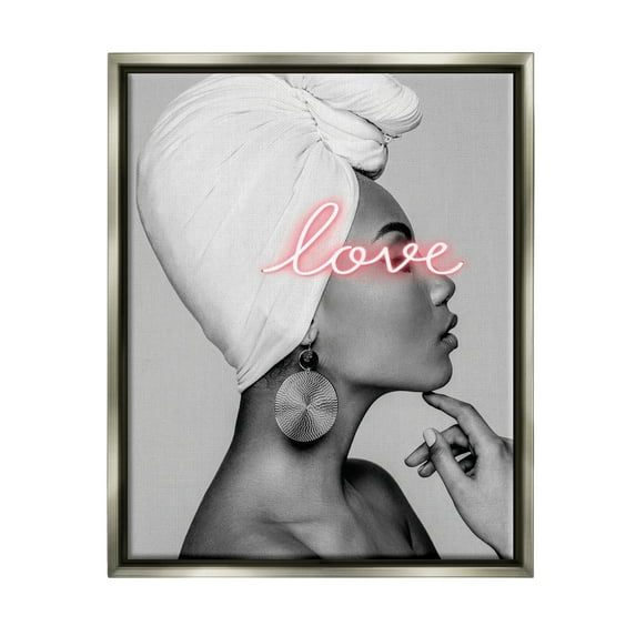 Stupell Industries Woman Portrait Pink Love Phrase Typography Painting Gray Floater Framed Art Print Wall Art, 25 x 31