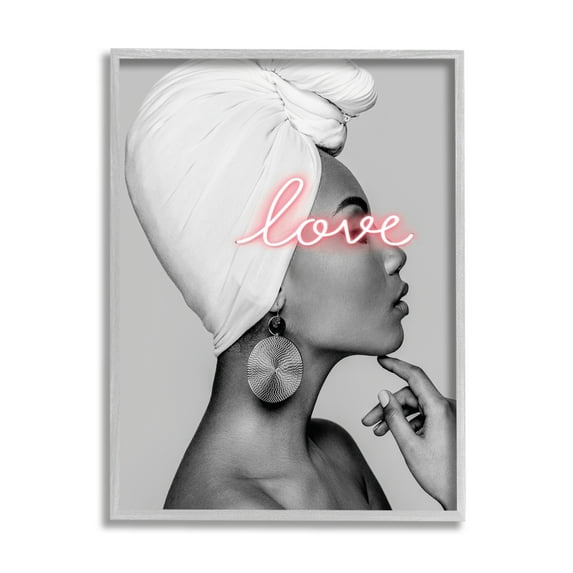 Stupell Industries Woman Portrait Pink Love Phrase Typography Painting Gray Framed Art Print Wall Art, 11 x 14