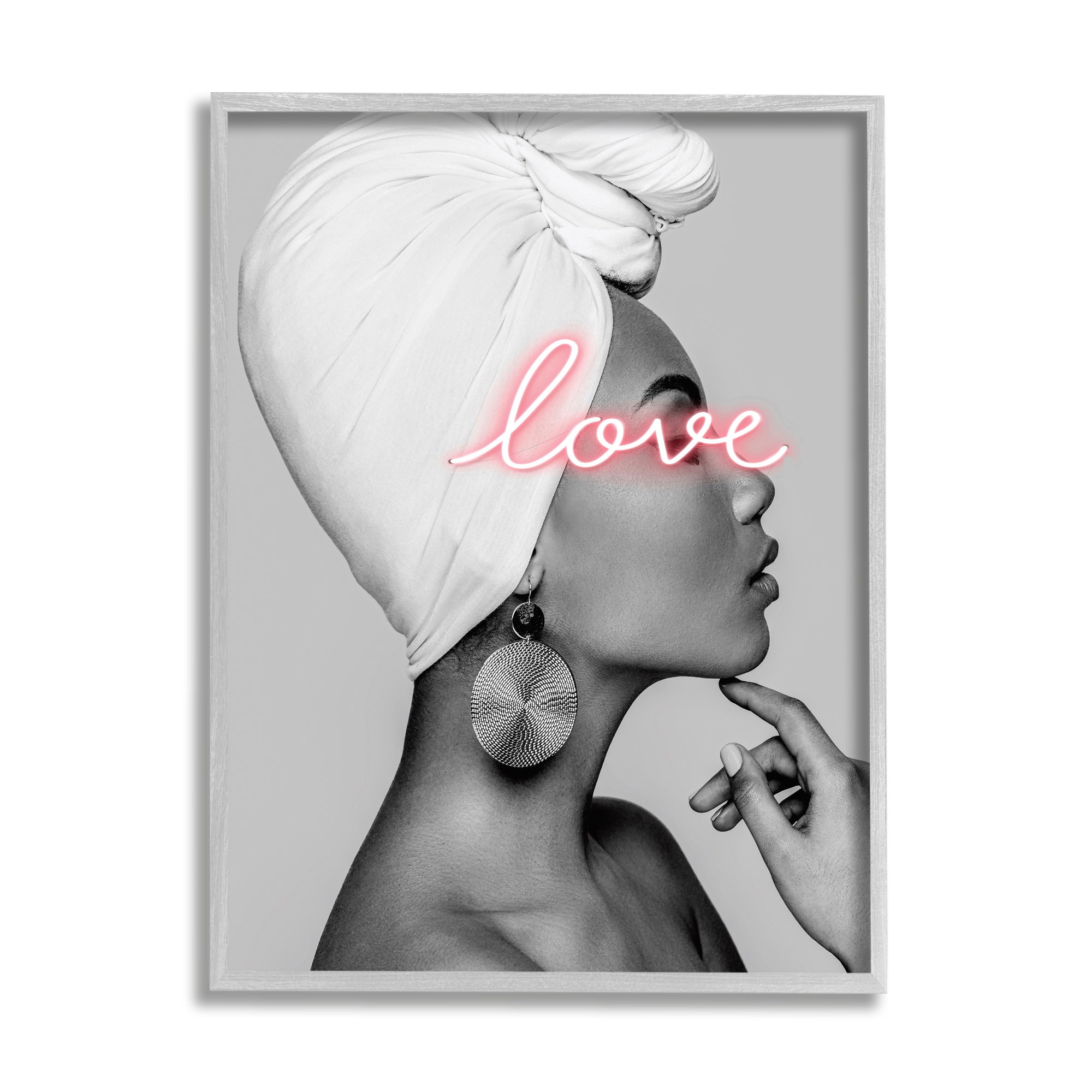 Stupell Industries Woman Portrait Pink Love Phrase Typography Painting Gray Framed Art Print Wall Art, 16 x 20