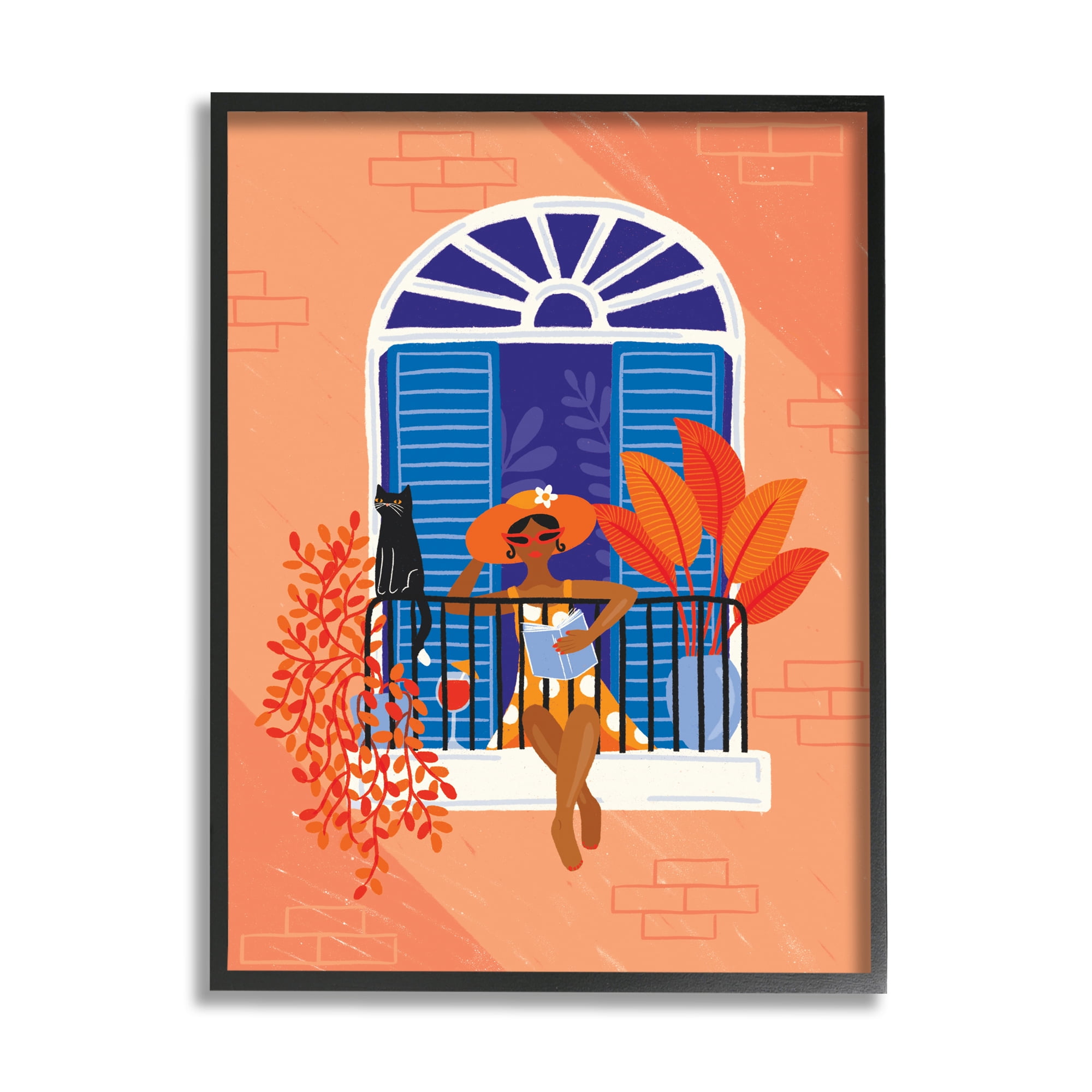 Stupell Industries Woman Reading Balcony Perched Cat Tropical Plants, 11 x 14, Designed by Make Much Studios