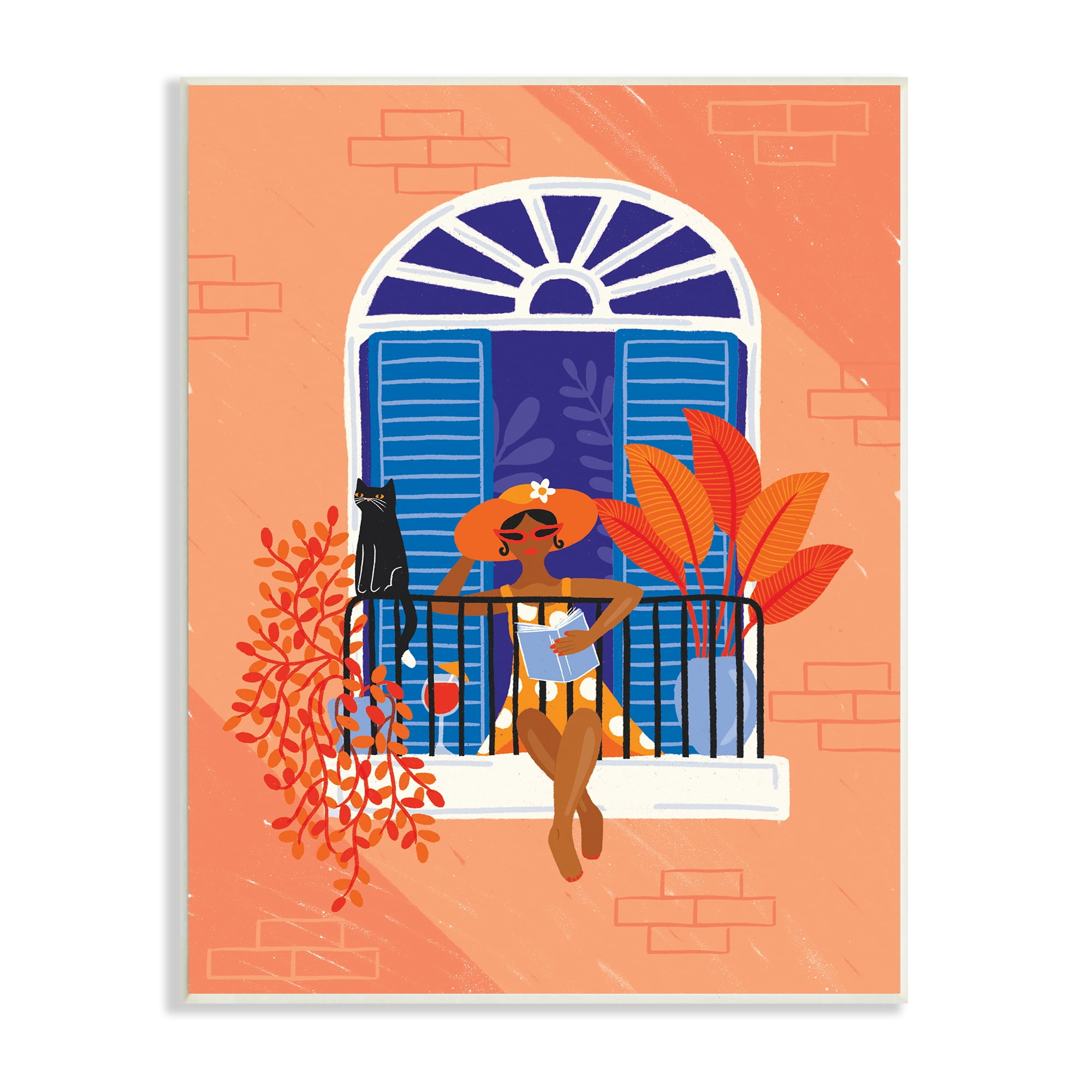 Stupell Industries Woman Reading Balcony Perched Cat Tropical Plants, 13 x 19, Designed by Make Much Studios