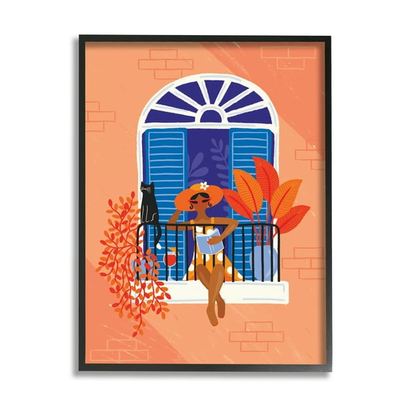 Stupell Industries Woman Reading Balcony Perched Cat Tropical Plants, 16 x 20, Designed by Make Much Studios