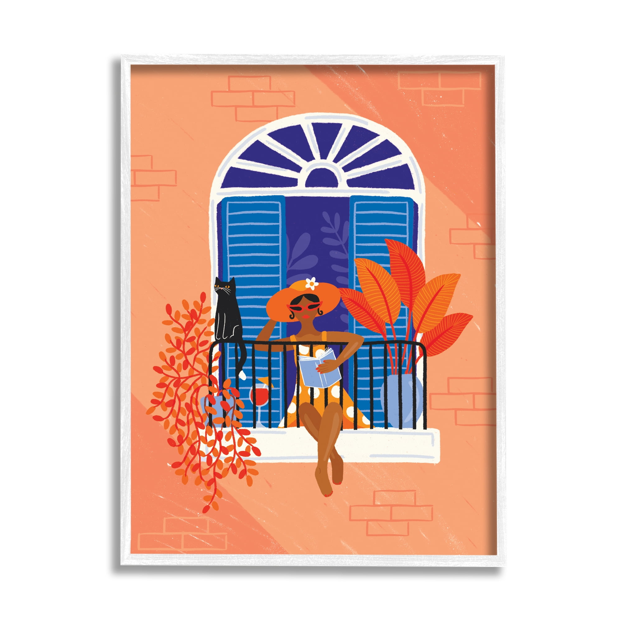 Stupell Industries Woman Reading Balcony Perched Cat Tropical Plants, 24 x 30, Designed by Make Much Studios