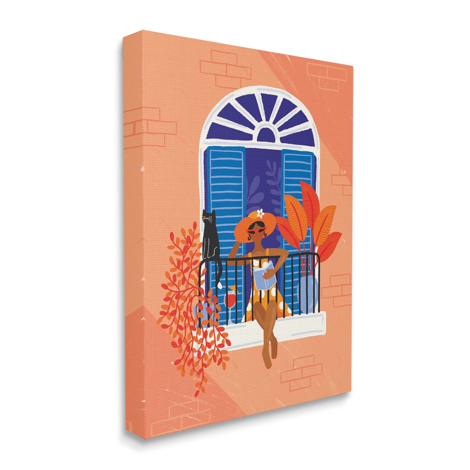 Stupell Industries Woman Reading Balcony Perched Cat Tropical Plants, 36 x 48, Designed by Make Much Studios