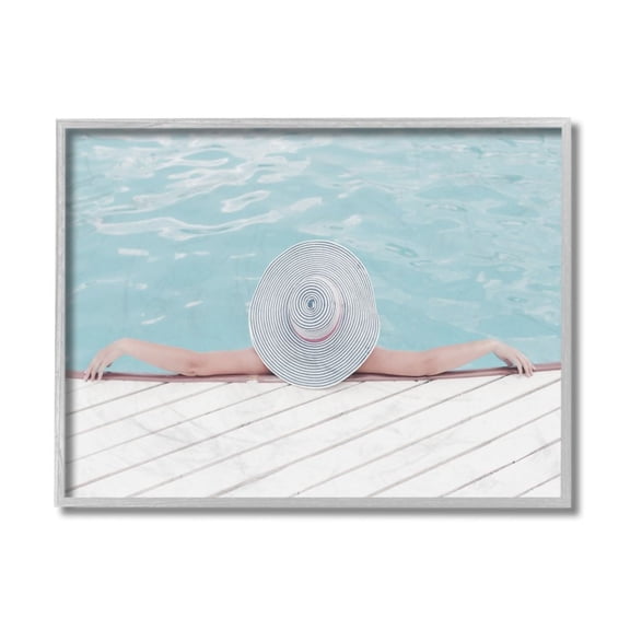 Stupell Industries Woman Relaxing Poolside Summer Brim Hat Design by Daphne Polselli, 11" x 14", Gray Framed