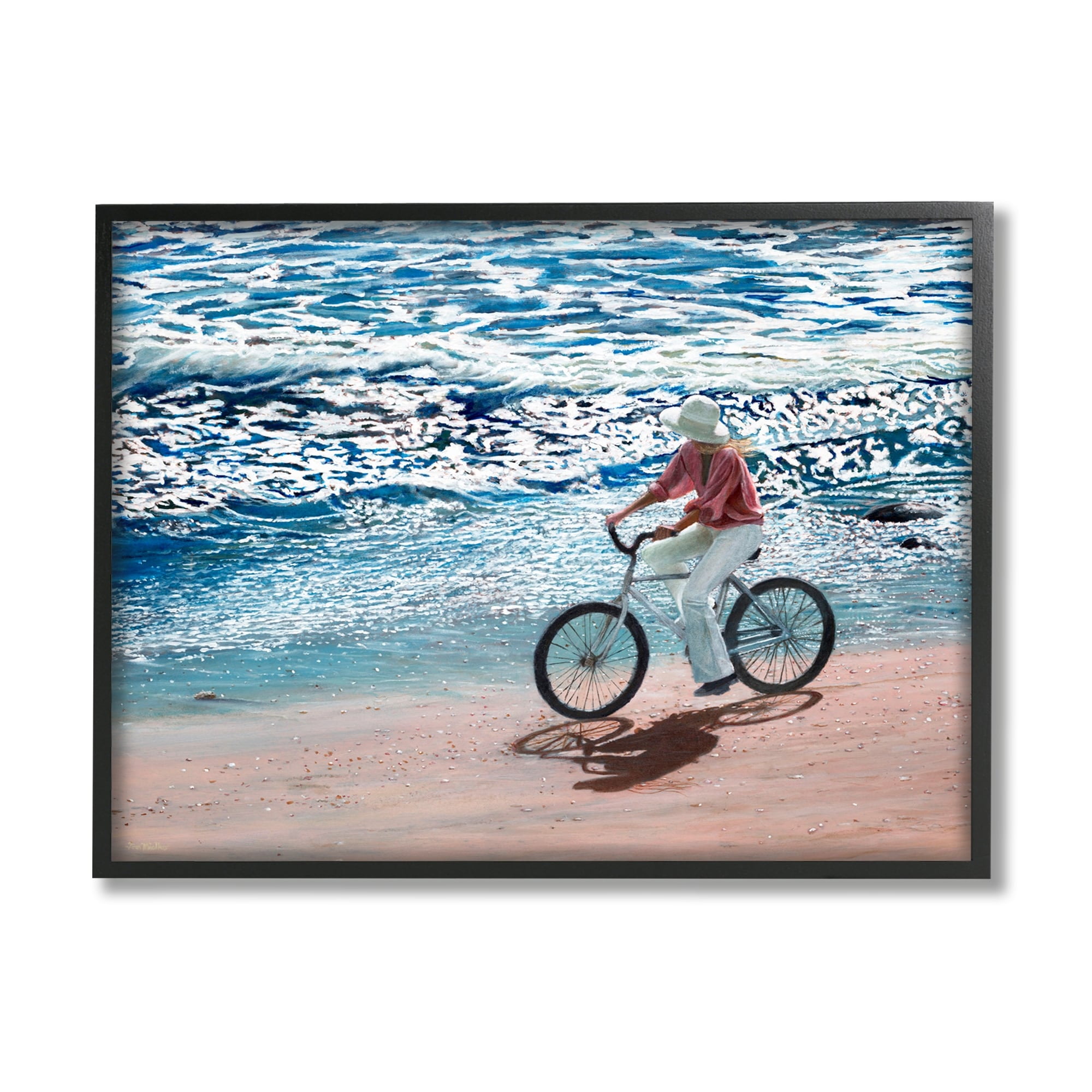 Stupell Industries Woman Riding Bicycle Coastal Beach Shoreline Landscape Painting Black Framed Art Print Wall Art, Design by Tom Mielko