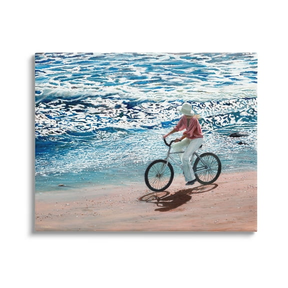 Stupell Industries Woman Riding Bicycle Coastal Beach Shoreline Landscape Painting Gallery Wrapped Canvas Print Wall Art, Design by Tom Mielko