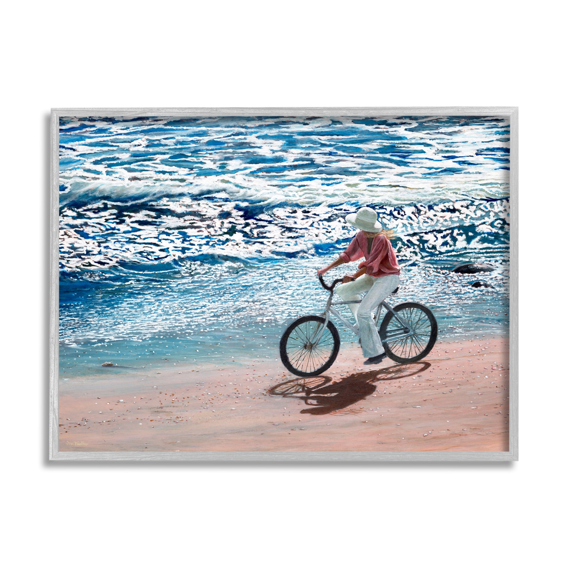 Stupell Industries Woman Riding Bicycle Coastal Beach Shoreline Landscape Painting Gray Framed Art Print Wall Art, Design by Tom Mielko