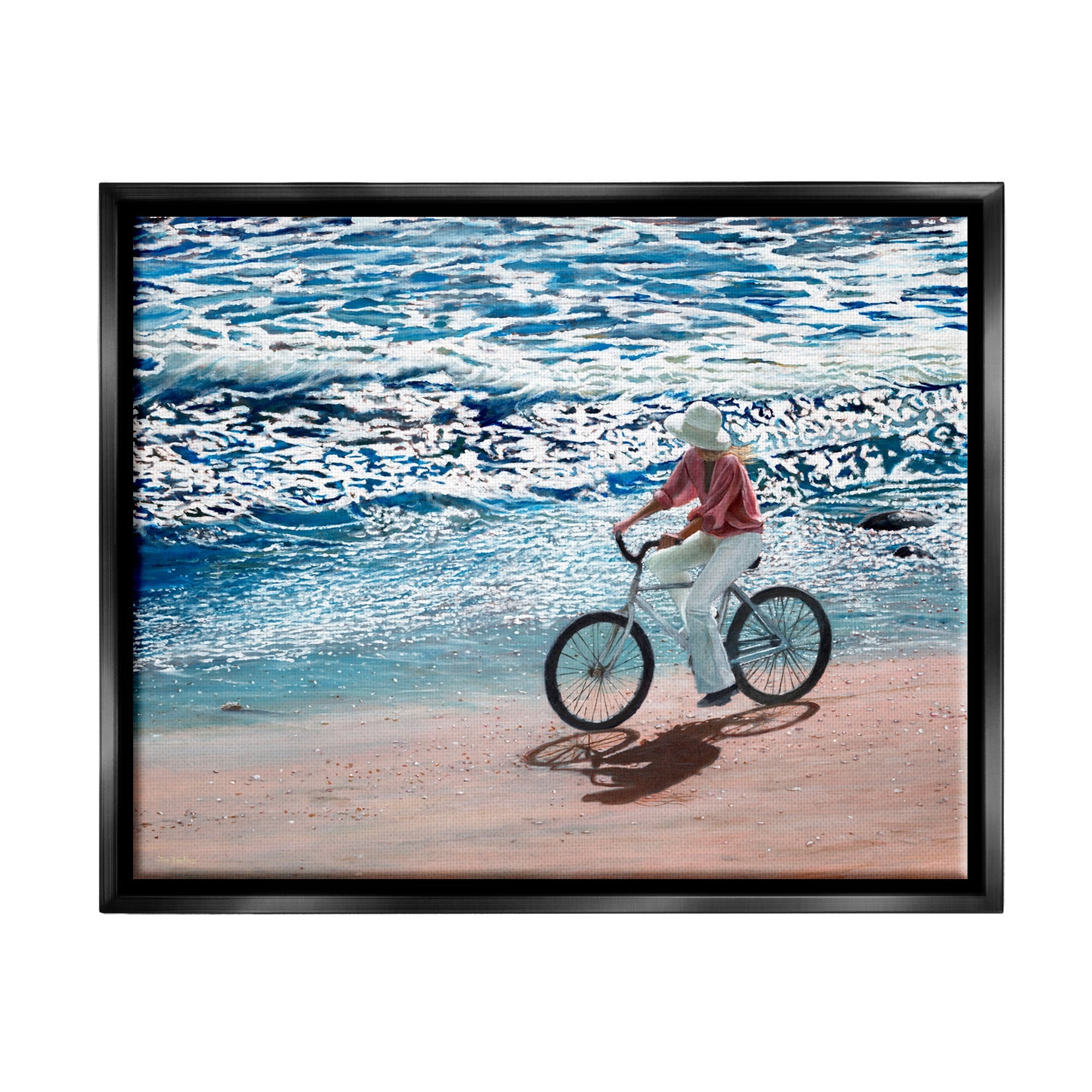 Stupell Industries Woman Riding Bicycle Coastal Beach Shoreline Landscape Painting Jet Black Floating Framed Canvas Print Wall Art, Design by Tom Mielko