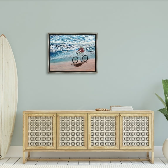 Stupell Industries Woman Riding Bicycle Coastal Beach Shoreline Landscape Painting Luster Gray Floating Framed Canvas Print Wall Art, Design by Tom Mielko