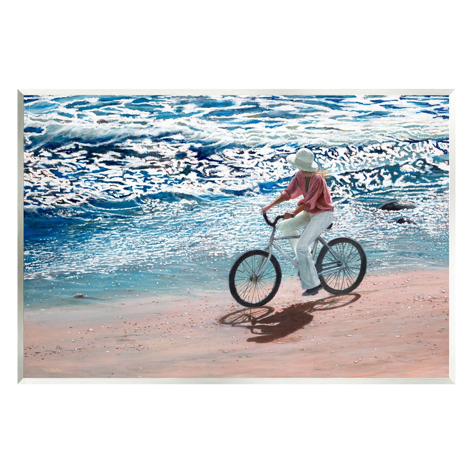 Stupell Industries Woman Riding Bicycle Coastal Beach Shoreline Landscape Painting Unframed Art Print Wall Art, Design by Tom Mielko