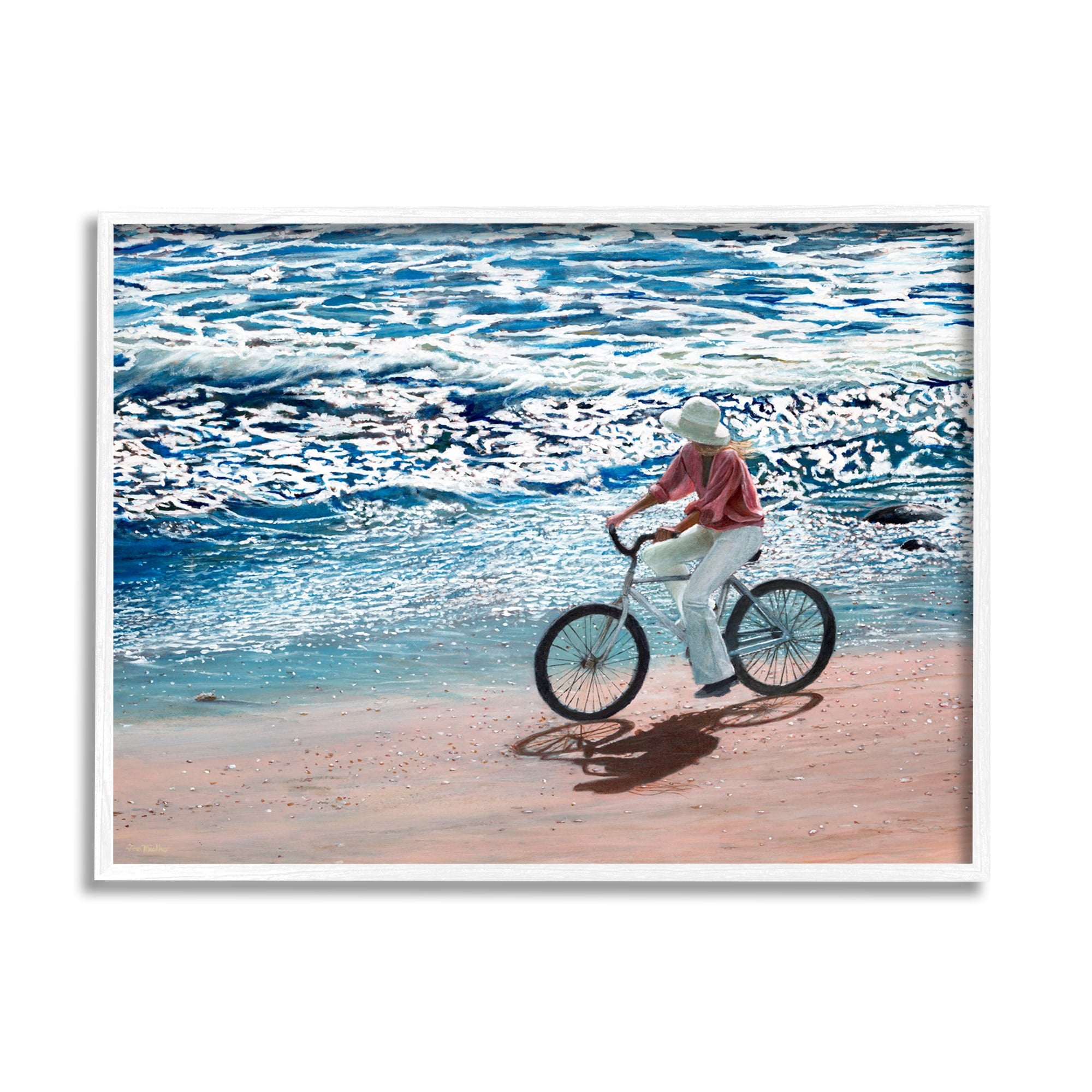 Stupell Industries Woman Riding Bicycle Coastal Beach Shoreline Landscape Painting White Framed Art Print Wall Art, Design by Tom Mielko