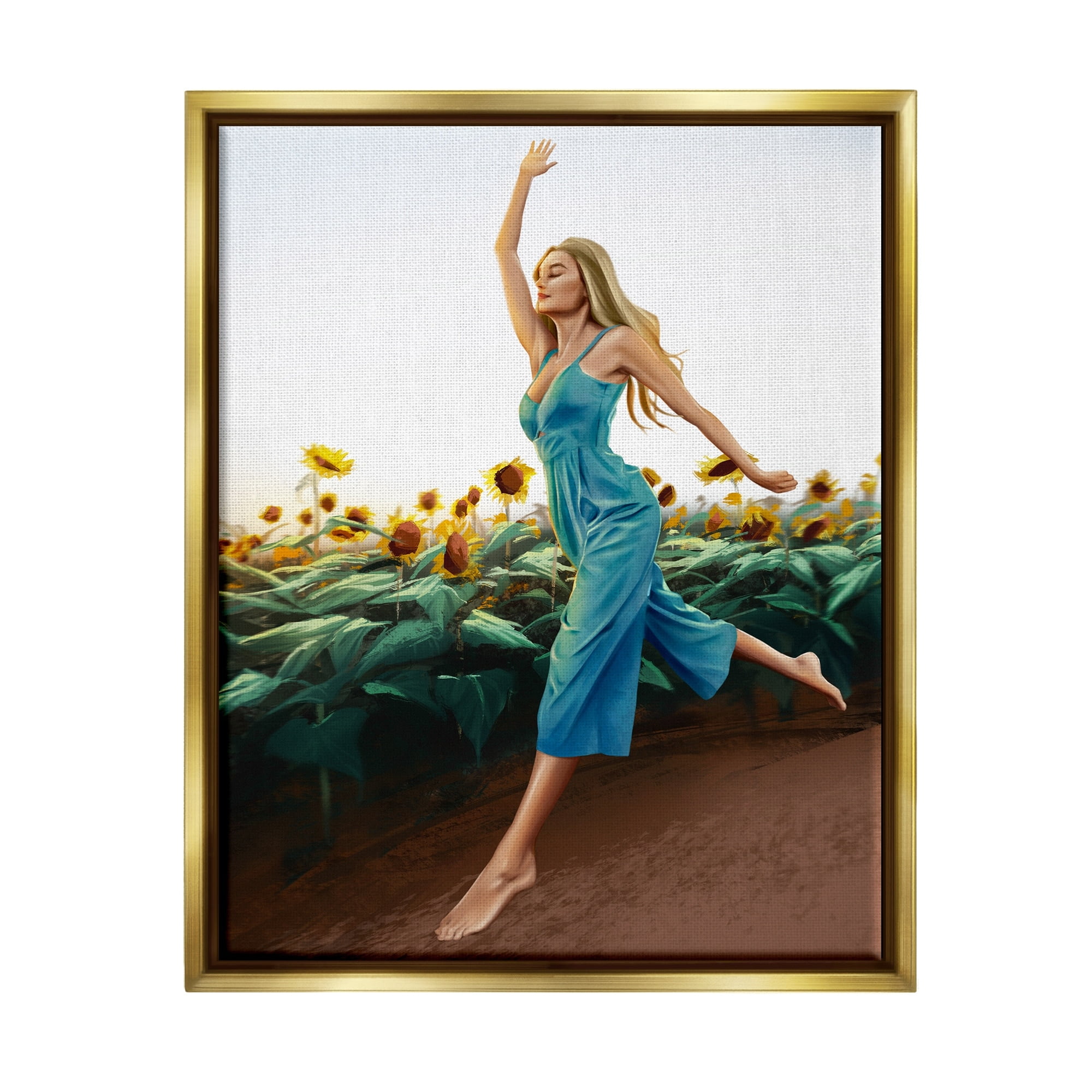 Stupell Industries Woman Running Through Rural Sunflower Meadow Field Painting Metallic Gold Floating Framed Canvas Print Wall Art, Design by Ziwei Li