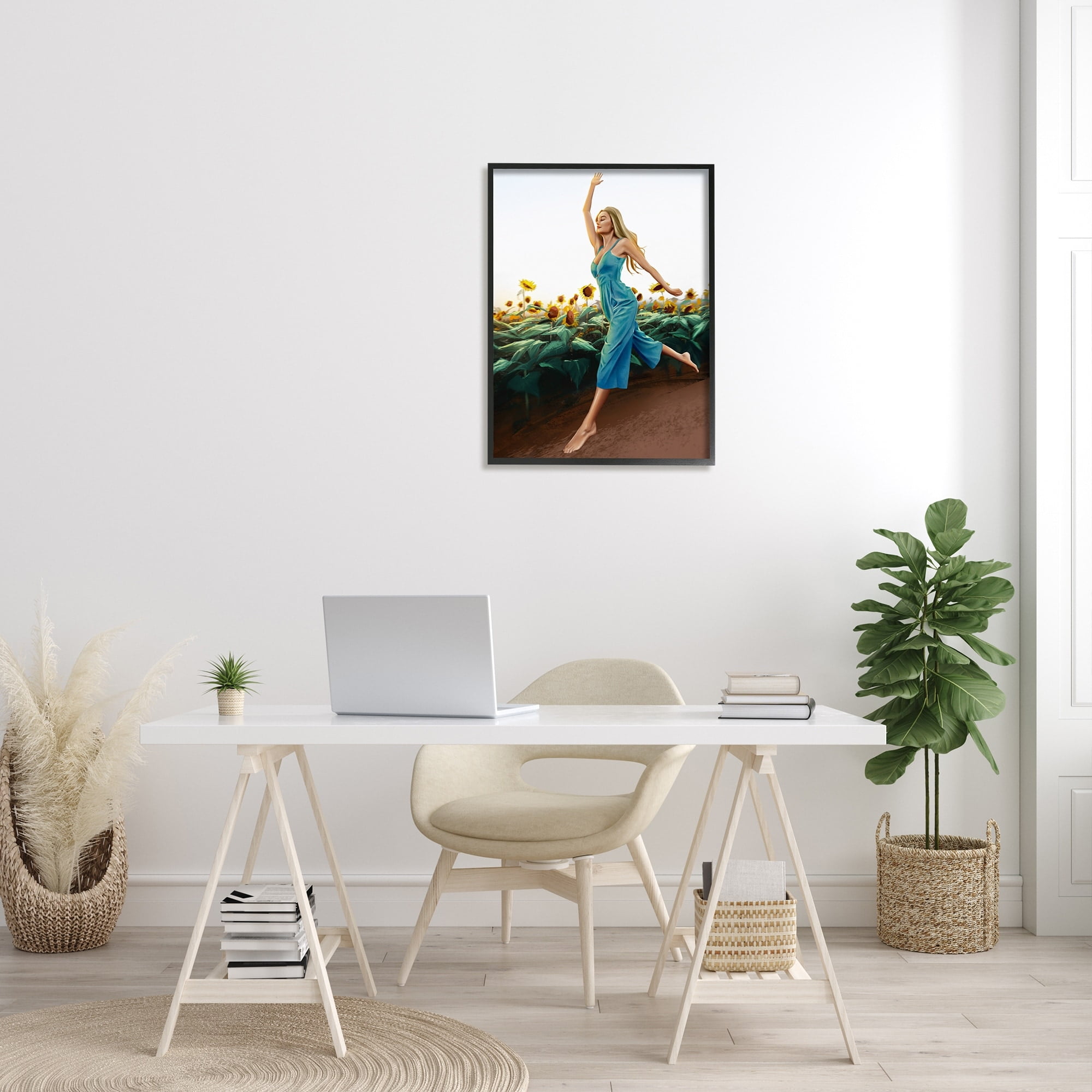 Stupell Industries Woman Running Through Rural Sunflower Meadow Field Painting Black Framed Art Print Wall Art, Design by Ziwei Li