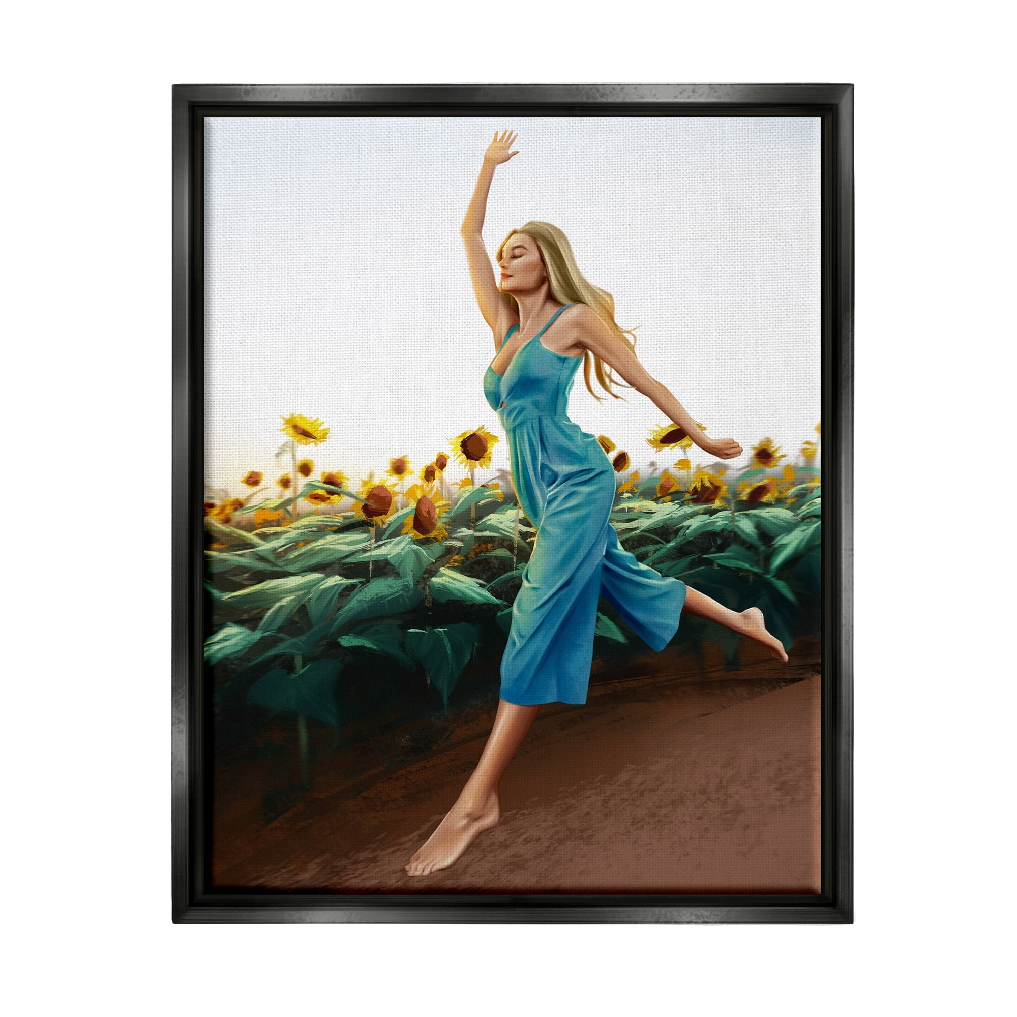 Stupell Industries Woman Running Through Rural Sunflower Meadow Field Painting Jet Black Floating Framed Canvas Print Wall Art, Design by Ziwei Li