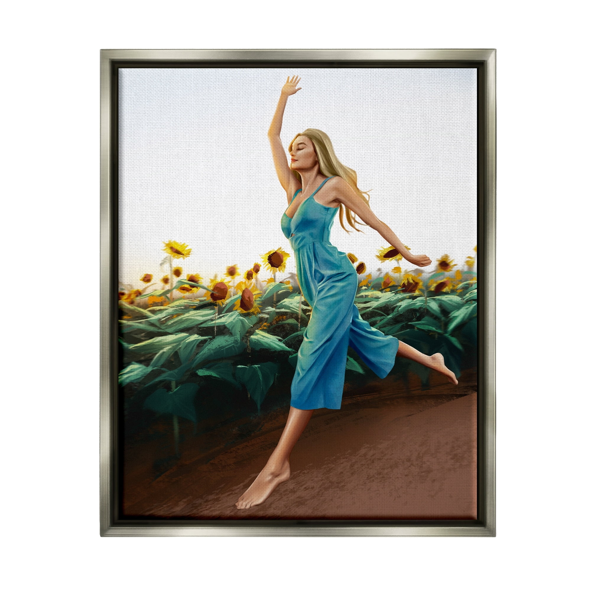 Stupell Industries Woman Running Through Rural Sunflower Meadow Field Painting Luster Gray Floating Framed Canvas Print Wall Art, Design by Ziwei Li
