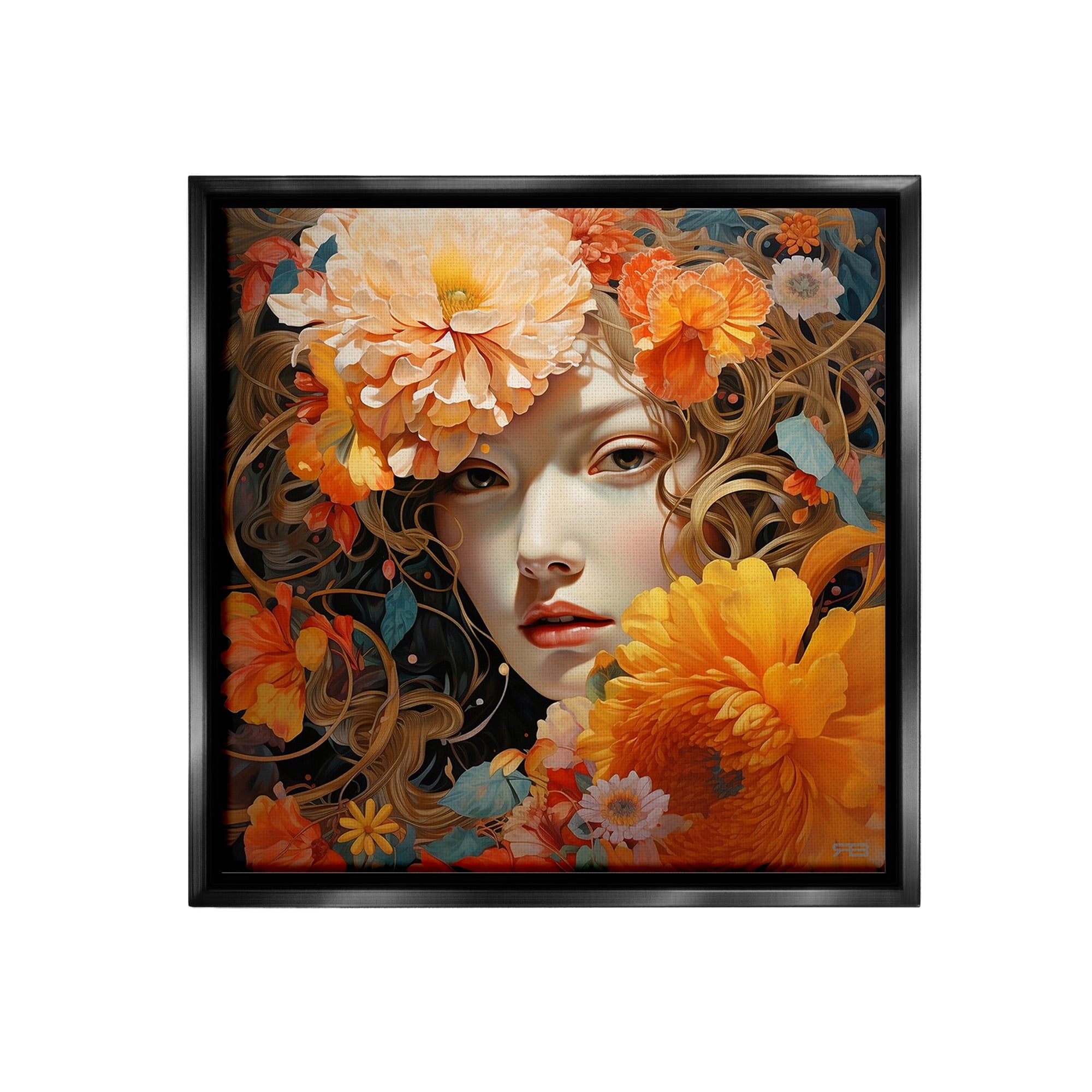 Stupell Industries Woman & Scattered Blossoms Botanical & Floral Painting Black Floater Framed Canvas Art Print Wall Art, 18 x 18
