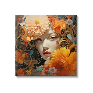 Stupell Industries Woman & Scattered Blossoms Botanical & Floral Painting Gallery Wrapped Canvas Art Print Wall Art, 17 x 17