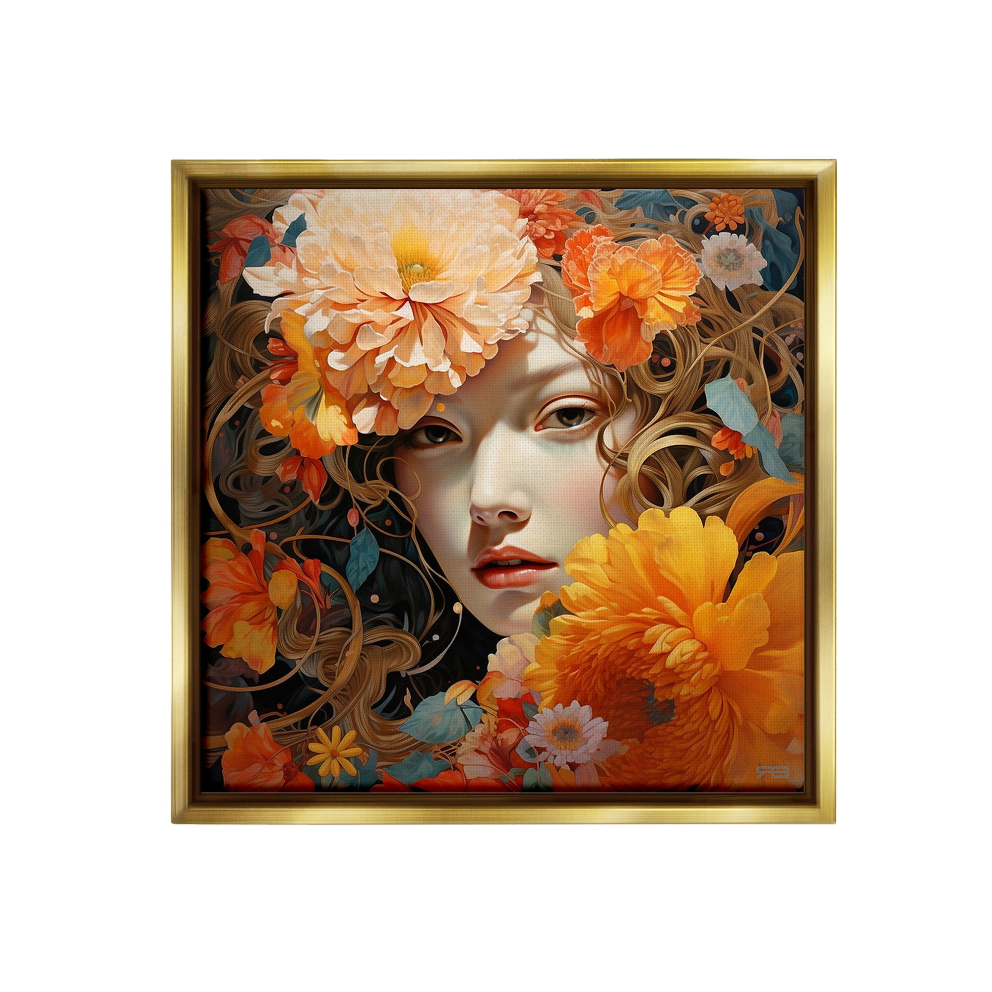 Stupell Industries Woman & Scattered Blossoms Botanical & Floral Painting Gold Floater Framed Canvas Art Print Wall Art, 25 x 25