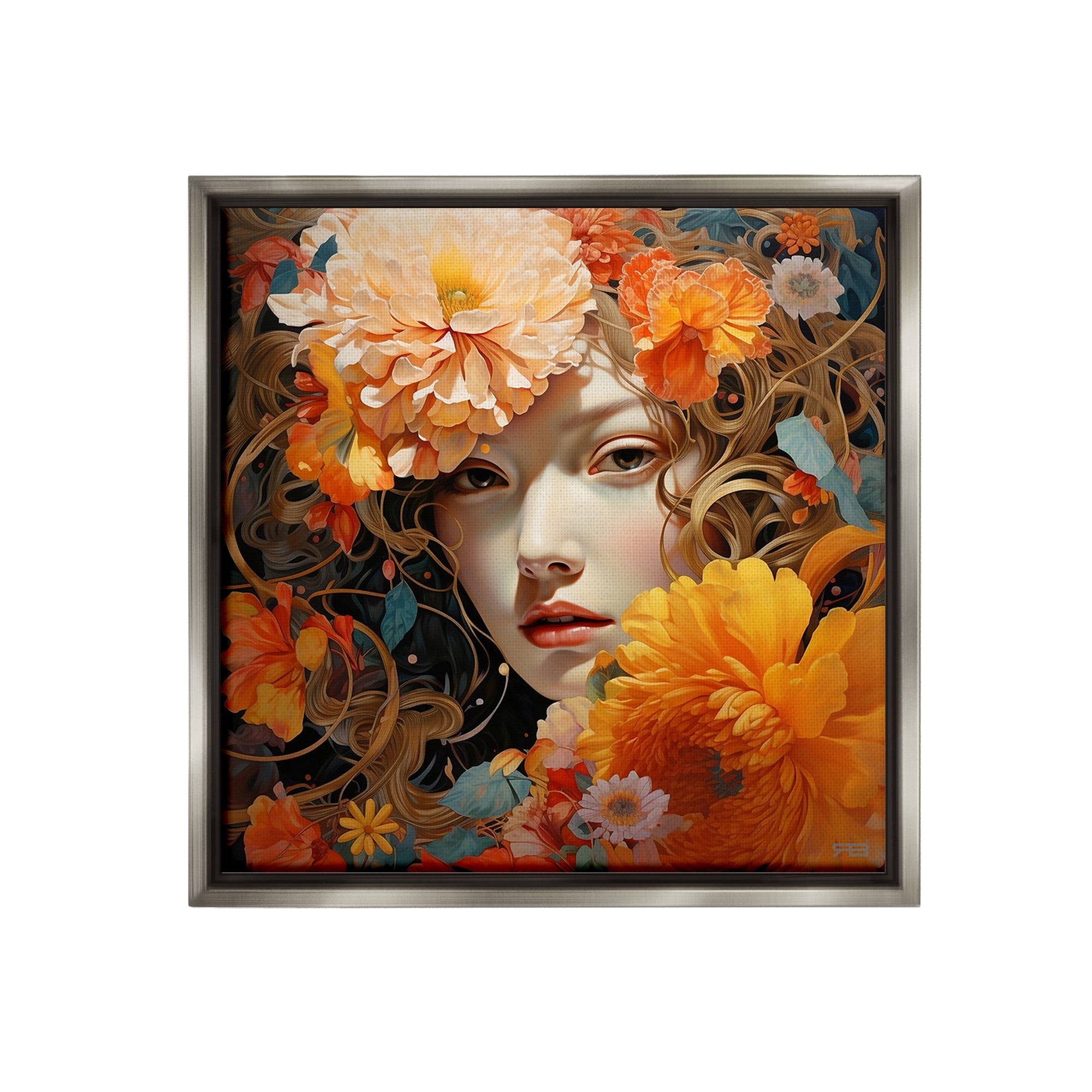Stupell Industries Woman & Scattered Blossoms Botanical & Floral Painting Gray Floater Framed Canvas Art Print Wall Art, 18 x 18