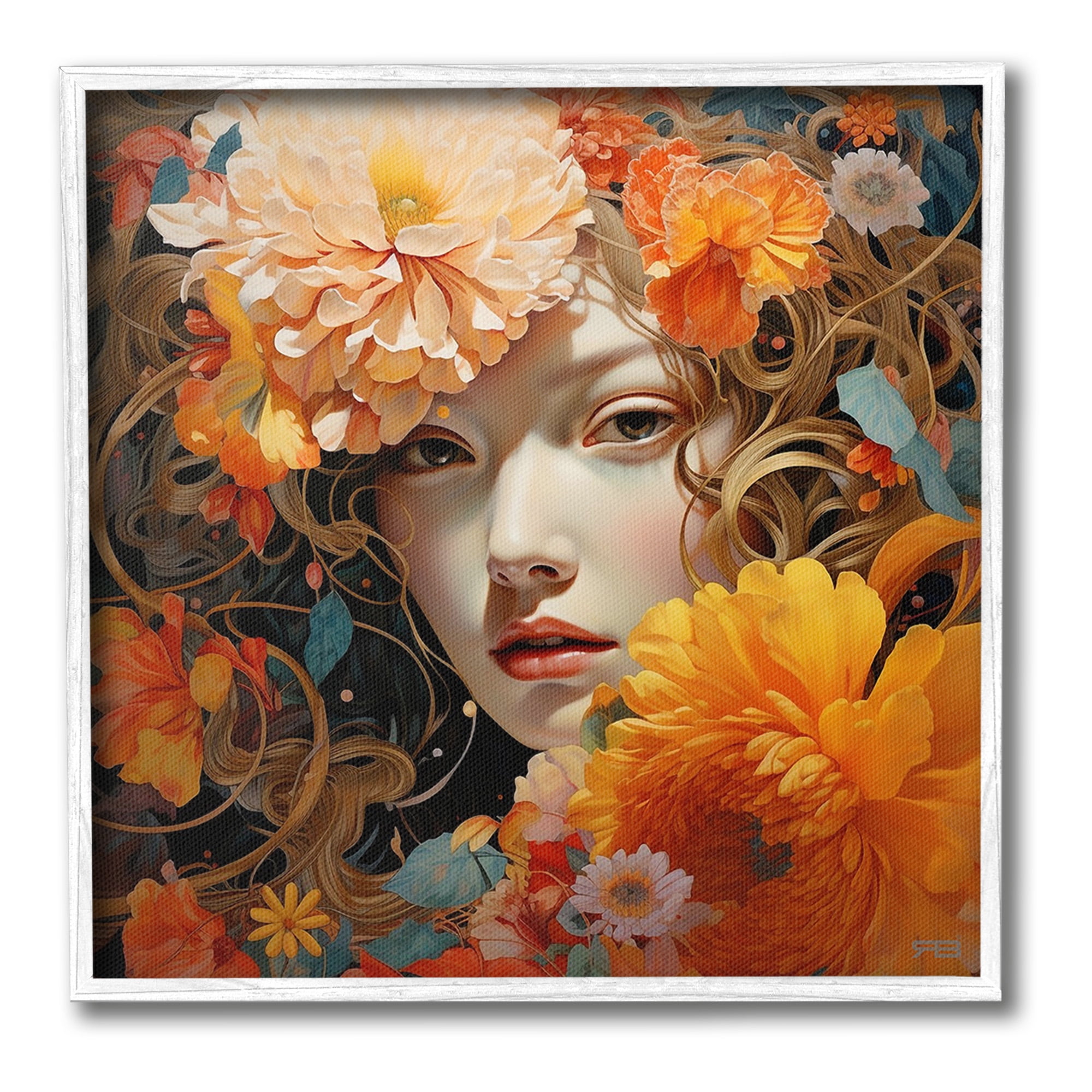 Stupell Industries Woman & Scattered Blossoms Botanical & Floral Painting White Framed Art Print Wall Art, 17 x 17