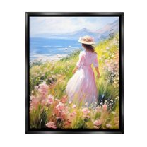 Stupell Industries Woman & Scenic Beach Landscape Painting Black Floater Framed Canvas Art Print Wall Art, 17 x 21