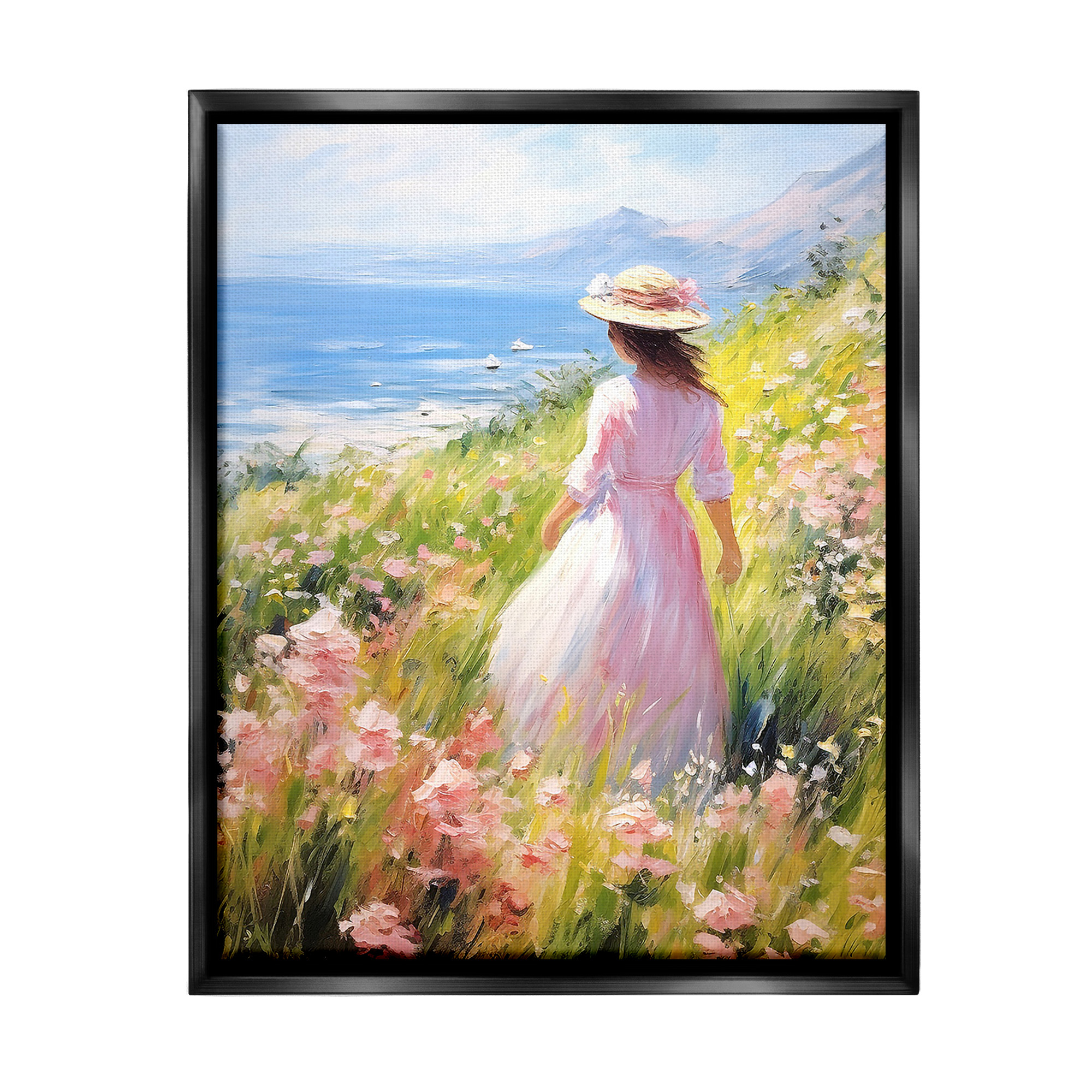 Stupell Industries Woman & Scenic Beach Landscape Painting Black Floater Framed Canvas Art Print Wall Art, 25 x 31
