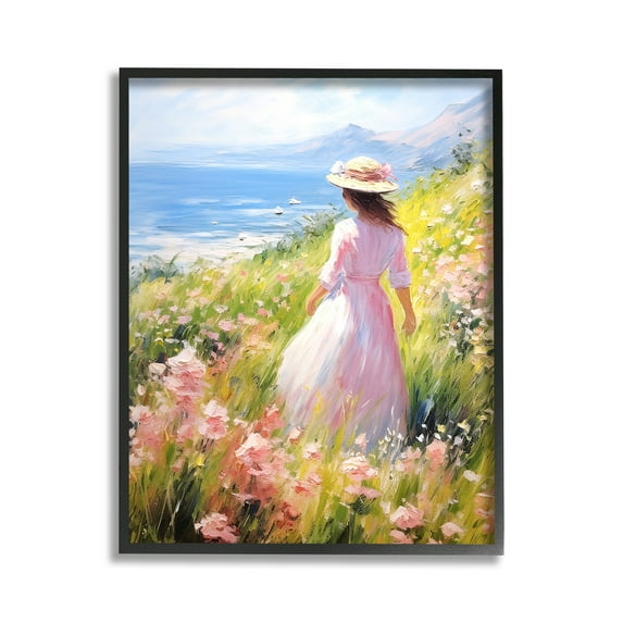 Stupell Industries Woman & Scenic Beach Landscape Painting Black Framed Art Print Wall Art, 11 x 14