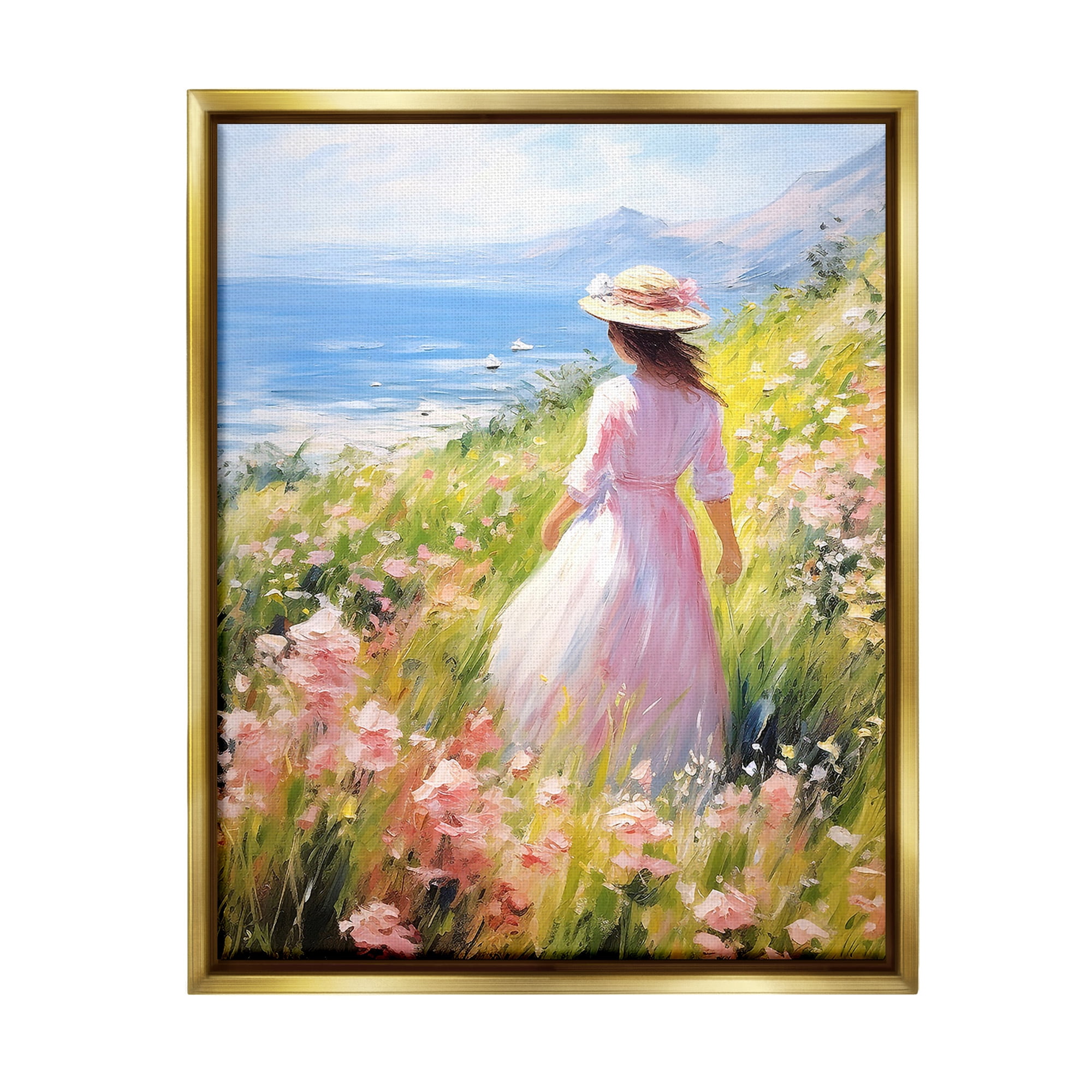 Stupell Industries Woman & Scenic Beach Landscape Painting Gold Floater Framed Canvas Art Print Wall Art, 25 x 31