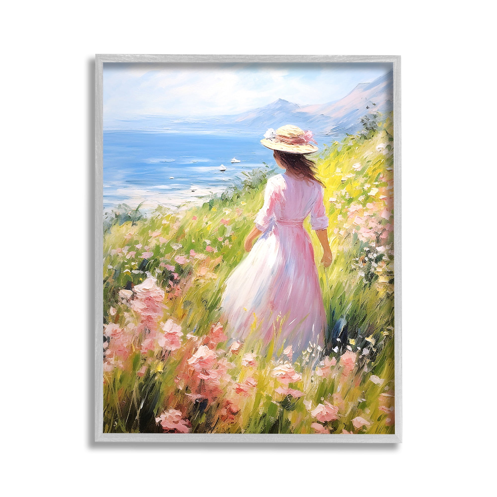 Stupell Industries Woman & Scenic Beach Landscape Painting Gray Framed Art Print Wall Art, 11 x 14