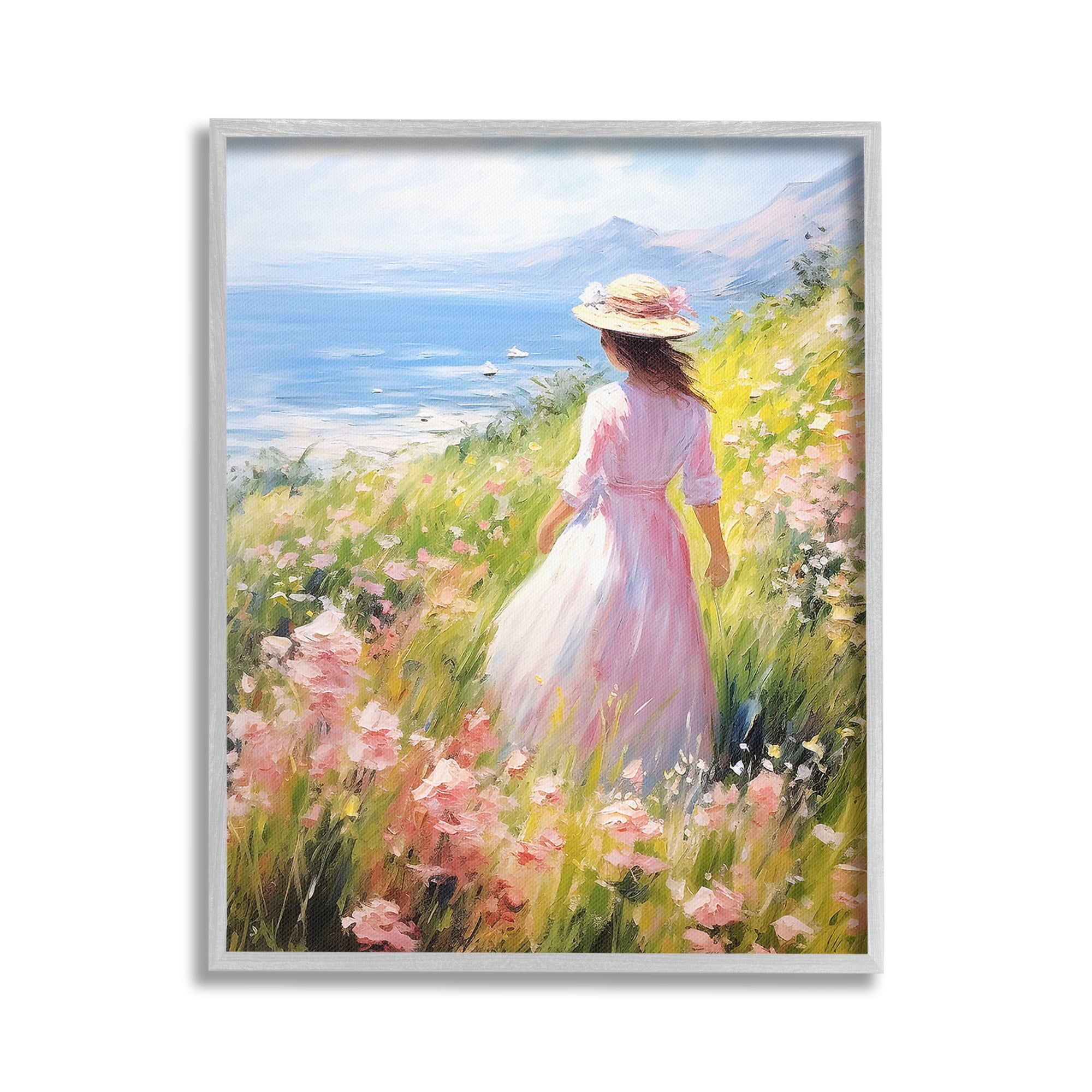 Stupell Industries Woman & Scenic Beach Landscape Painting Gray Framed Art Print Wall Art, 24 x 30
