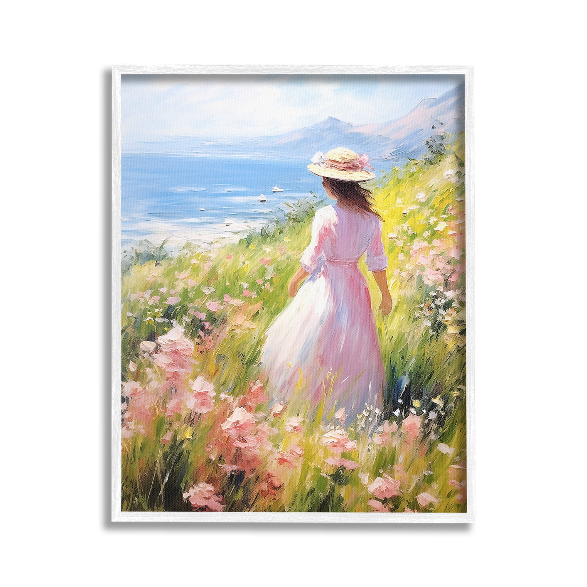 Stupell Industries Woman & Scenic Beach Landscape Painting White Framed Art Print Wall Art, 16 x 20