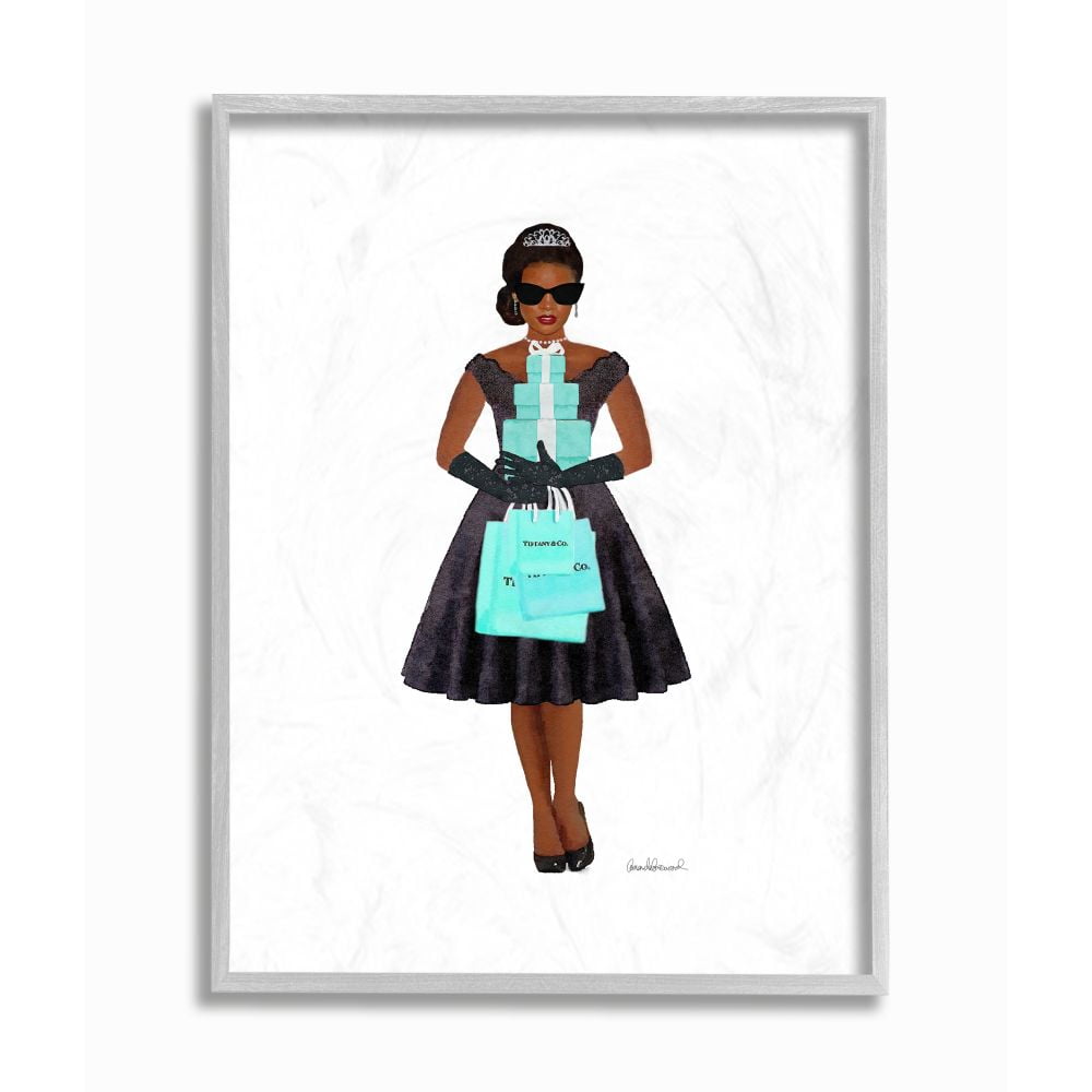 Elegant Woman Shopping Black Dress Blue Bags Watercolor Framed Art