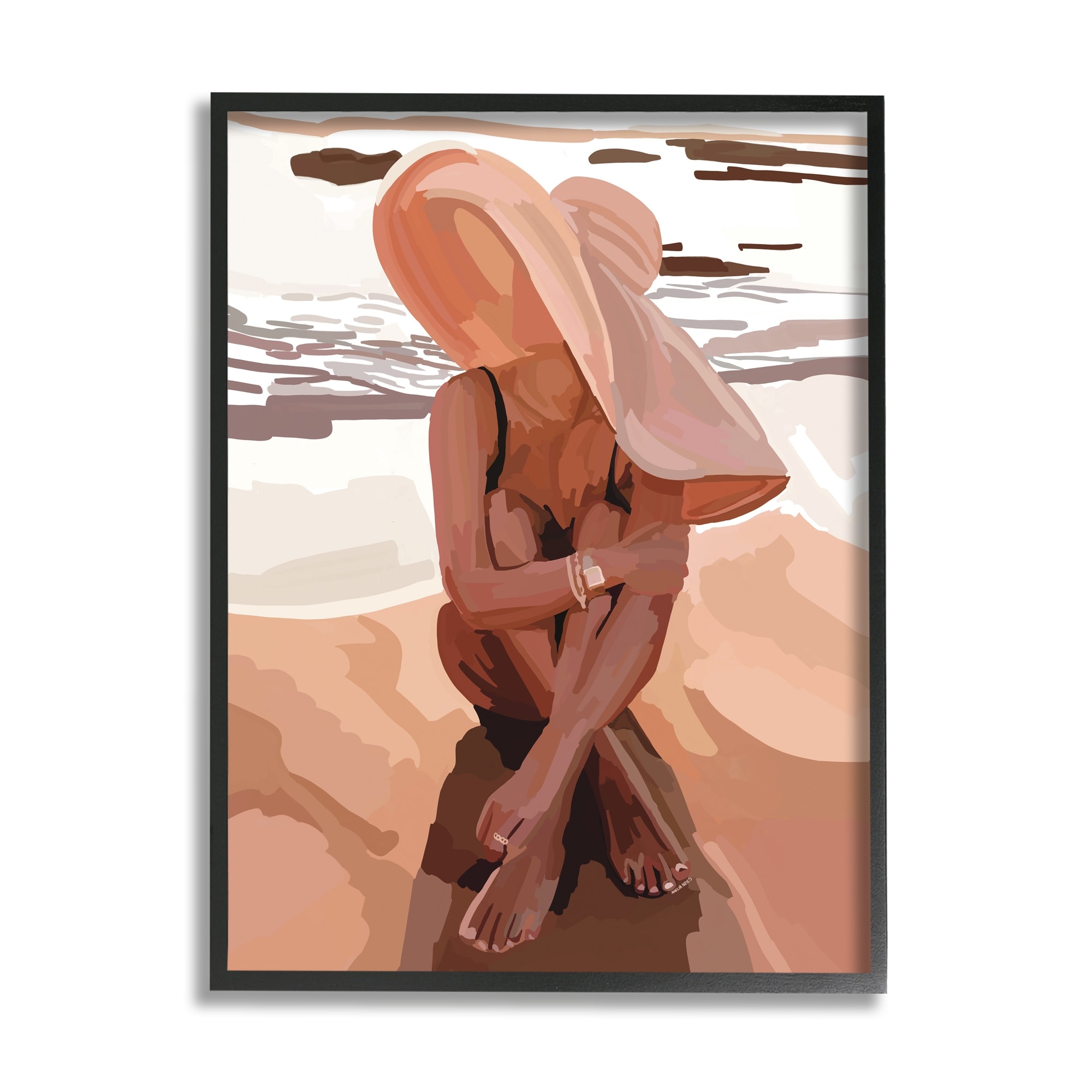 Stupell Industries Woman Sitting Enjoying Ocean Shore Summer Beach Graphic Art Black Framed Art Print Wall Art, Design by Amelia Noyes