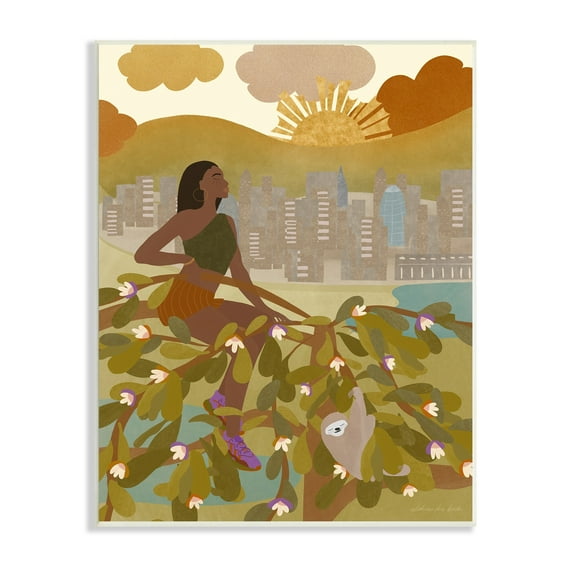 Stupell Industries Woman Sitting in Tree Sloth Animal City Buildings, 13 x 19,Design by Birch&Ink