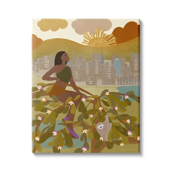 Stupell Industries Woman Sitting in Tree Sloth Animal City Buildings, 24 x 30,Design by Birch&Ink