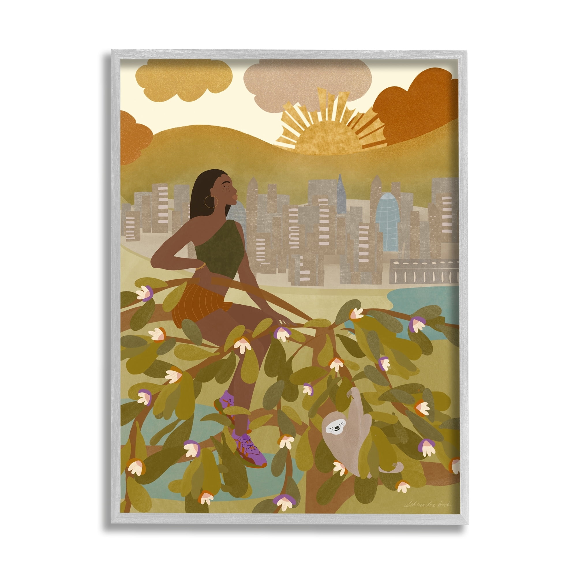 Stupell Industries Woman Sitting in Tree Sloth Animal City Buildings Graphic Art Gray Framed Art Print Wall Art, 16x20, by Birch&Ink